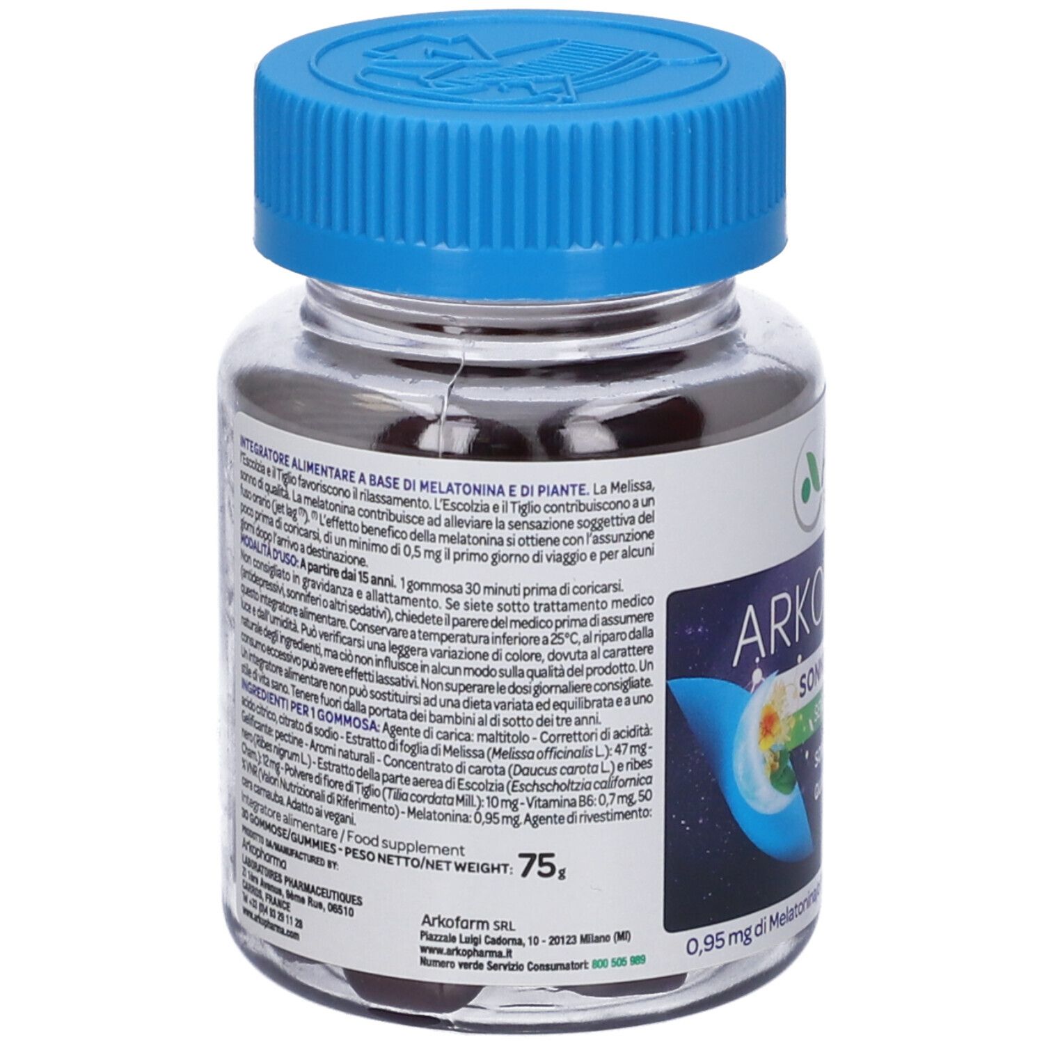 Flacone trasparente, tappo blu. Retro con testo. Caramelle gommose visibili. 'Arkorelax Sonno'.