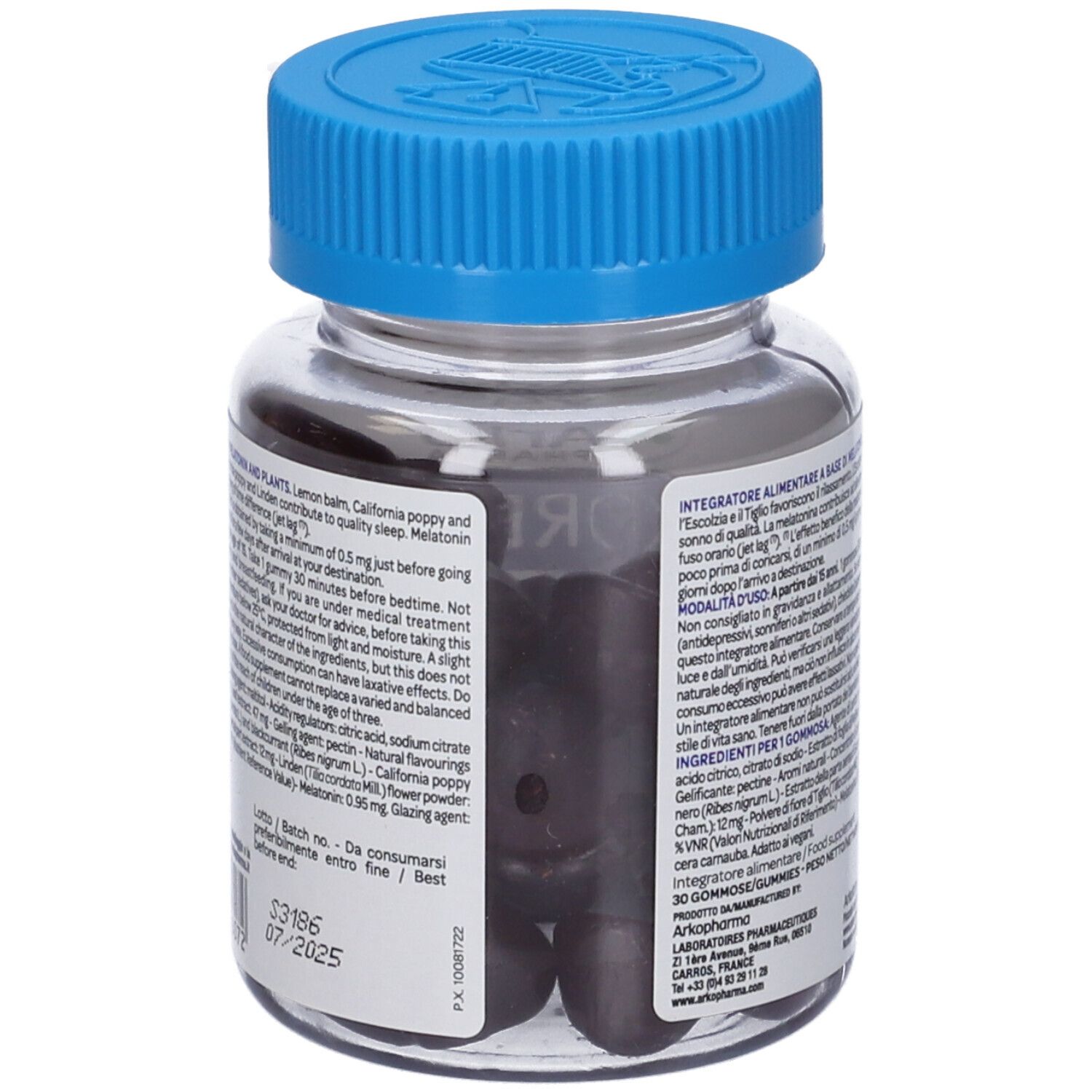 Flacone trasparente, tappo blu. Retro con testo. Caramelle gommose visibili. 'Arkorelax'.