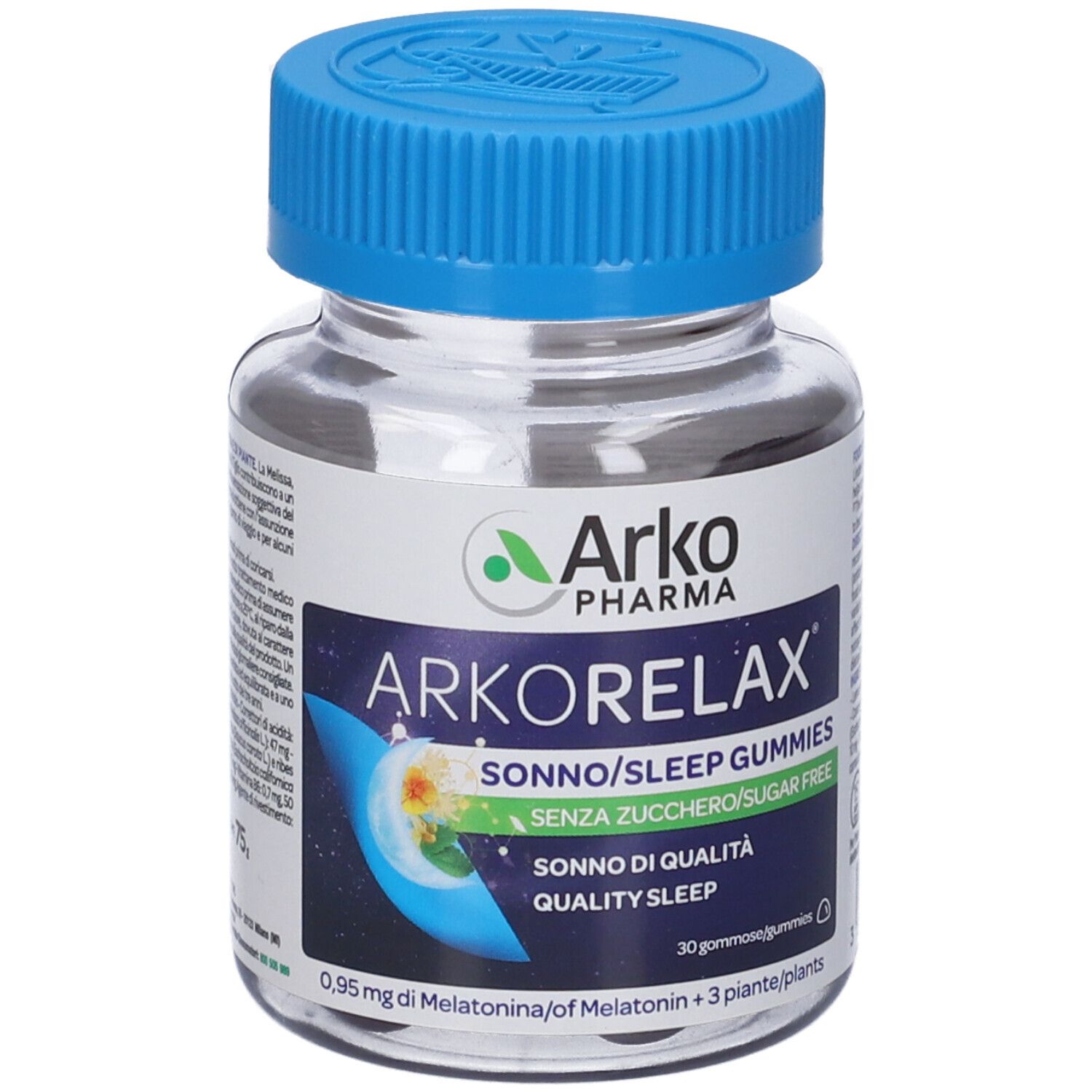 Flacone trasparente, tappo blu. Etichetta 'Arkorelax Sonno/Sleep Gummies'. 'Senza Zucchero/Sugar Free'. 30 caramelle gommose.