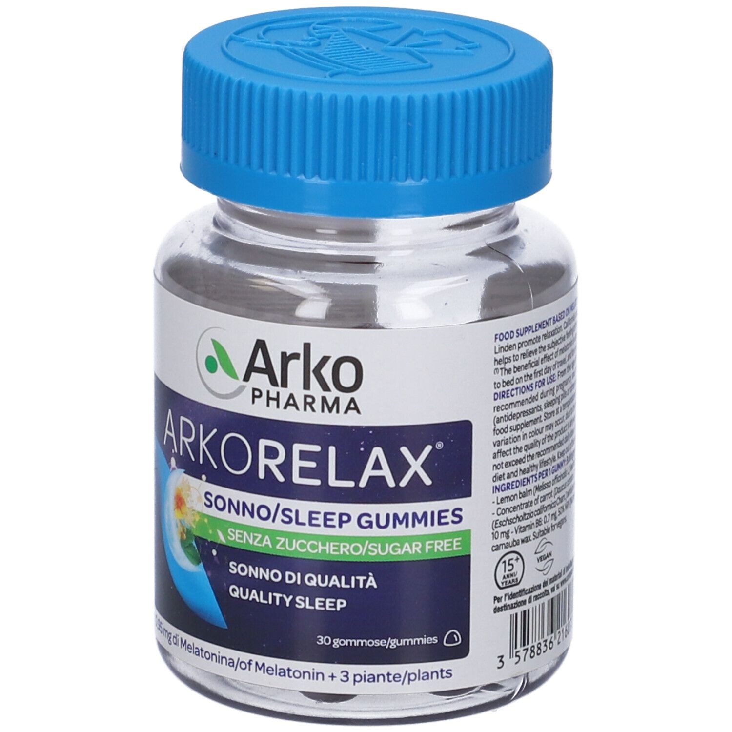 Flacone trasparente, tappo blu. Etichetta 'Arkorelax Sonno/Sleep Gummies'. 'Senza Zucchero/Sugar Free'. 30 caramelle gommose.
