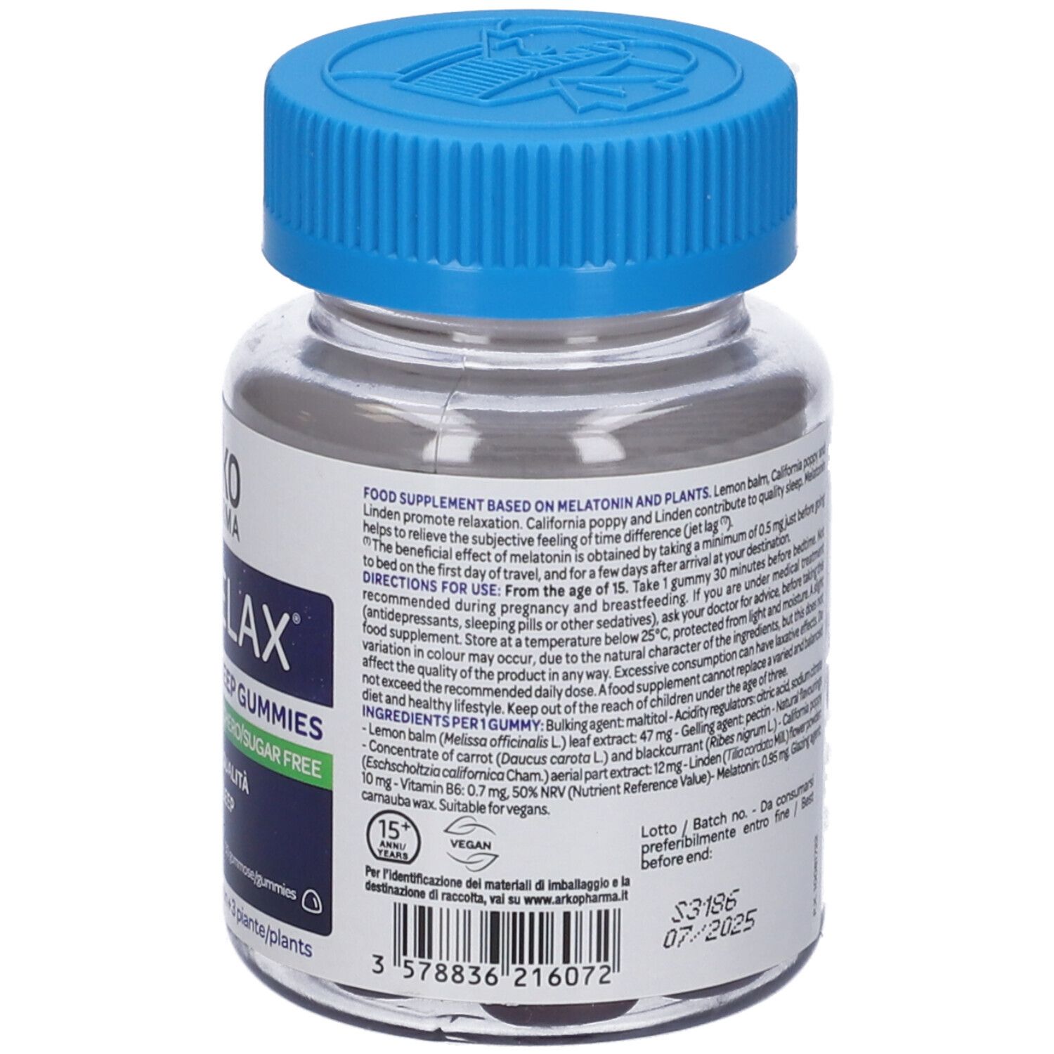 Flacone trasparente, tappo blu. Retro con testo. Caramelle gommose visibili. 'Arkorelax Sonno'.