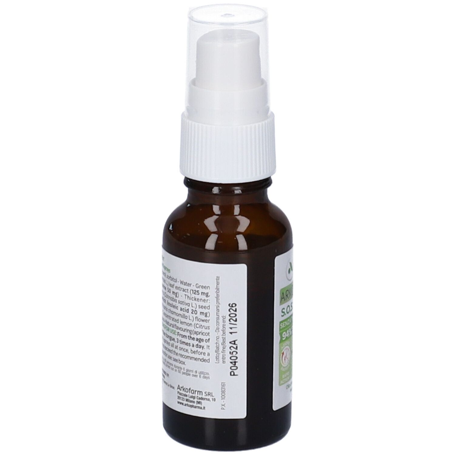 Flacone di vetro marrone con vaporizzatore bianco. Retro con ingredienti e data di scadenza. Senza THC.