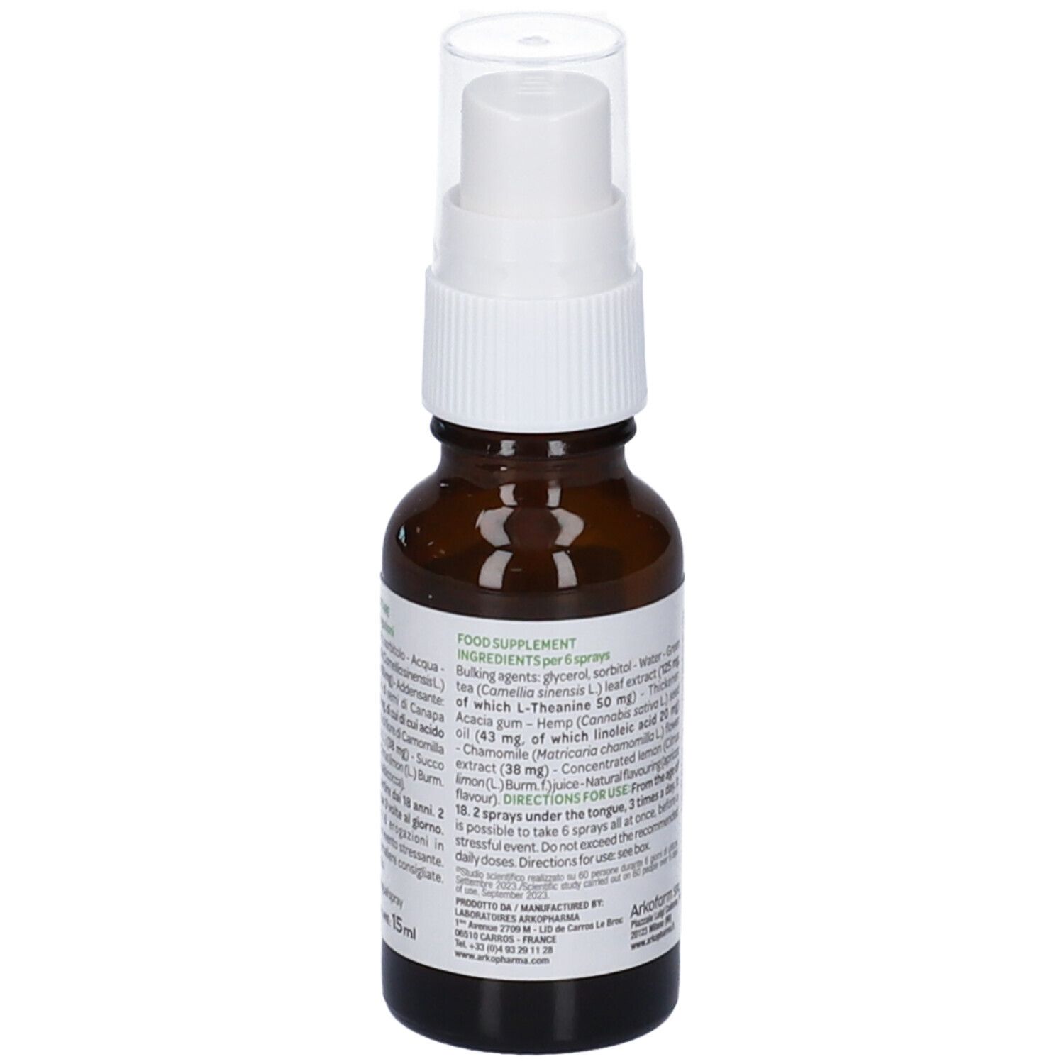 Flacone di vetro marrone con vaporizzatore bianco. Retro con ingredienti e istruzioni per l'uso. Senza THC.
