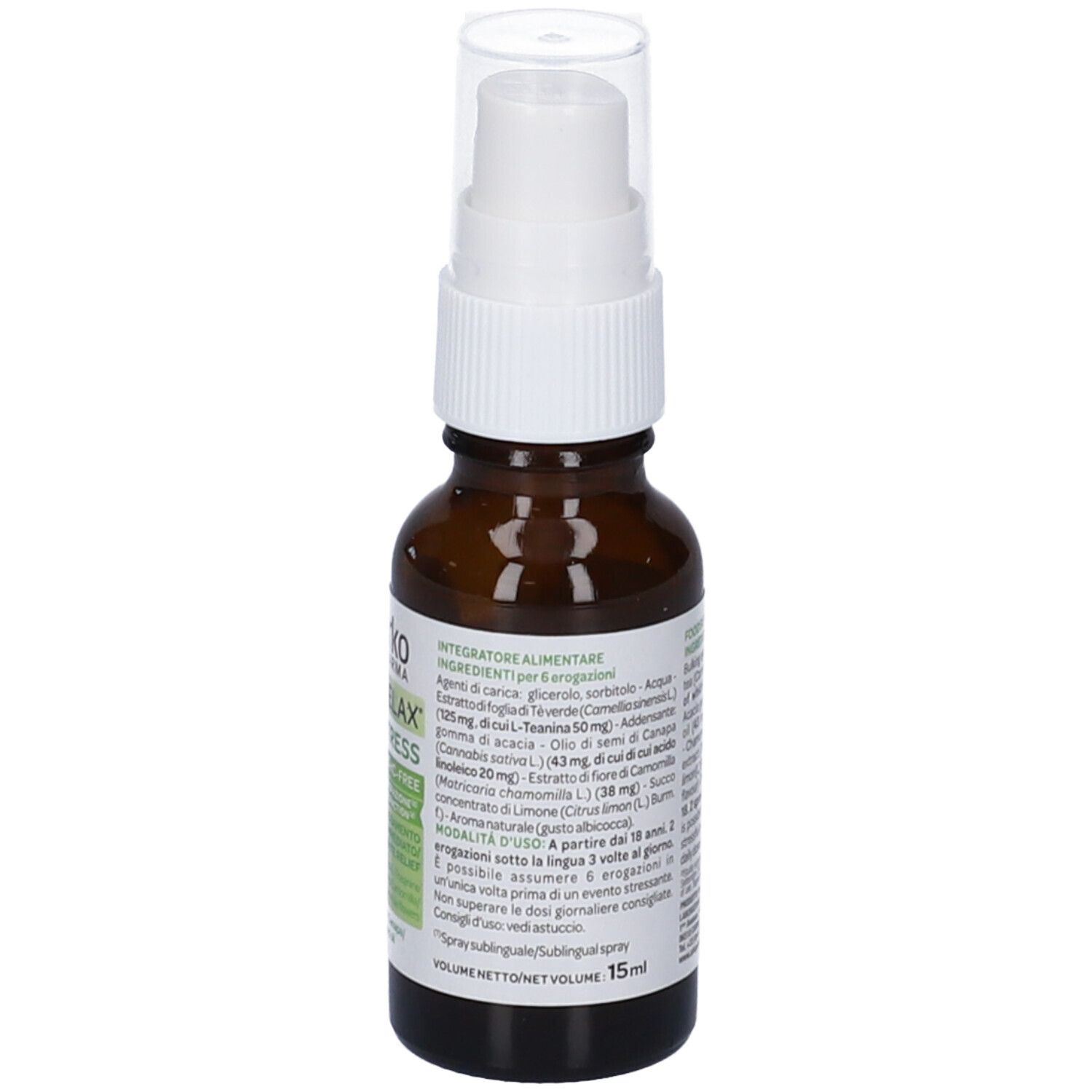 Flacone di vetro marrone con vaporizzatore bianco. Etichetta con informazioni sul prodotto. Senza THC.