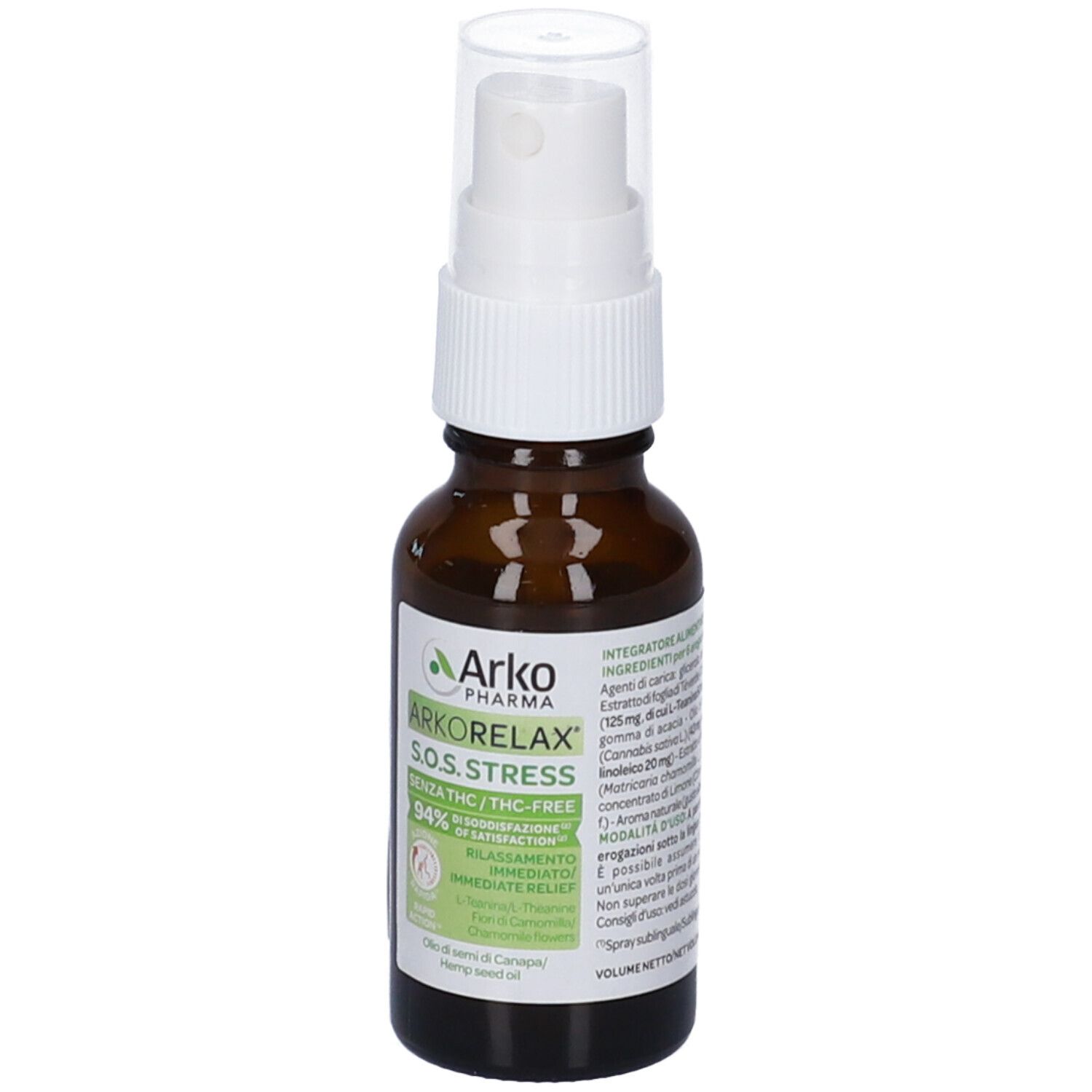 Flacone di vetro marrone con vaporizzatore bianco. Etichetta con nome e logo del prodotto. Senza THC.