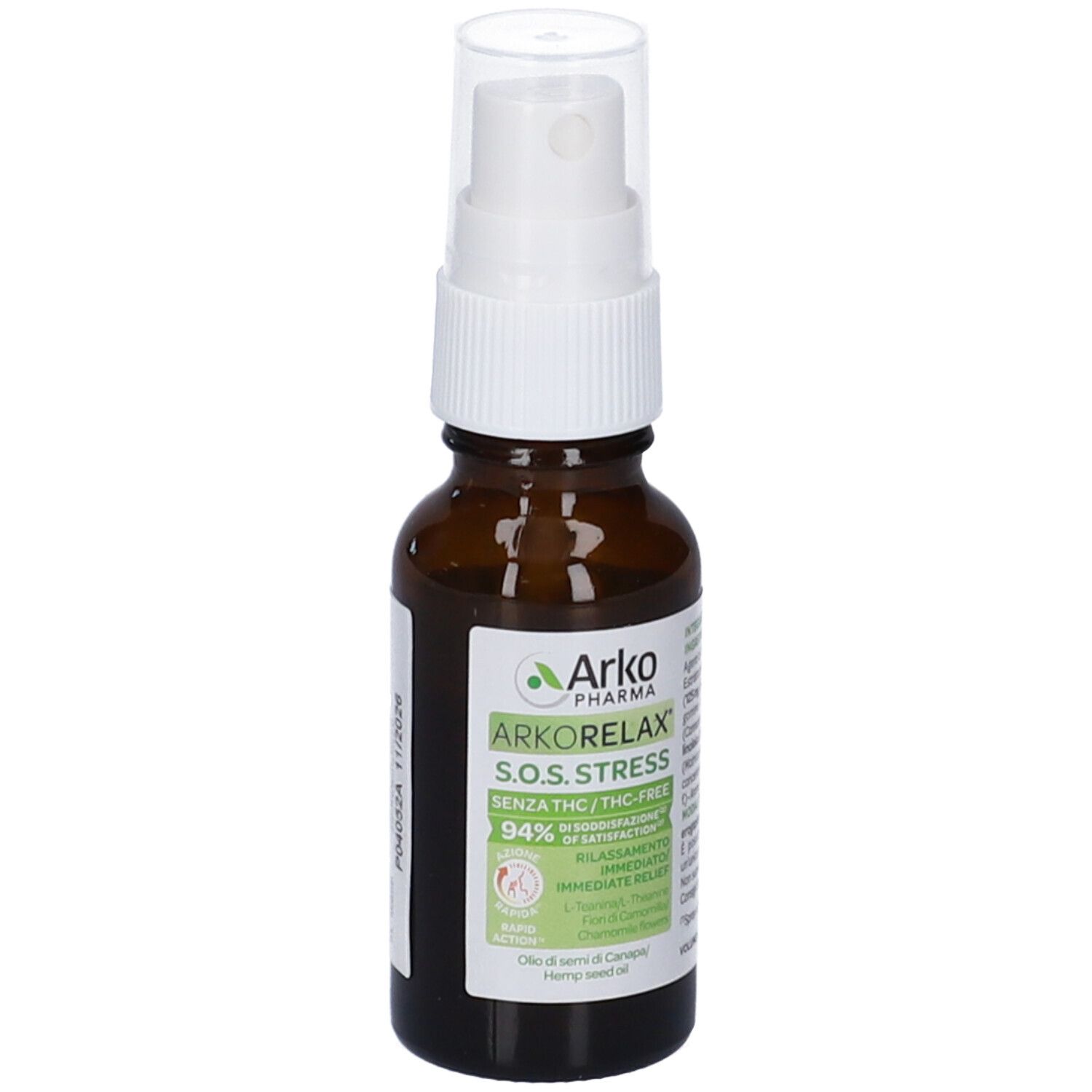 Flacone di vetro marrone con vaporizzatore bianco. Etichetta con nome e logo del prodotto. Senza THC.