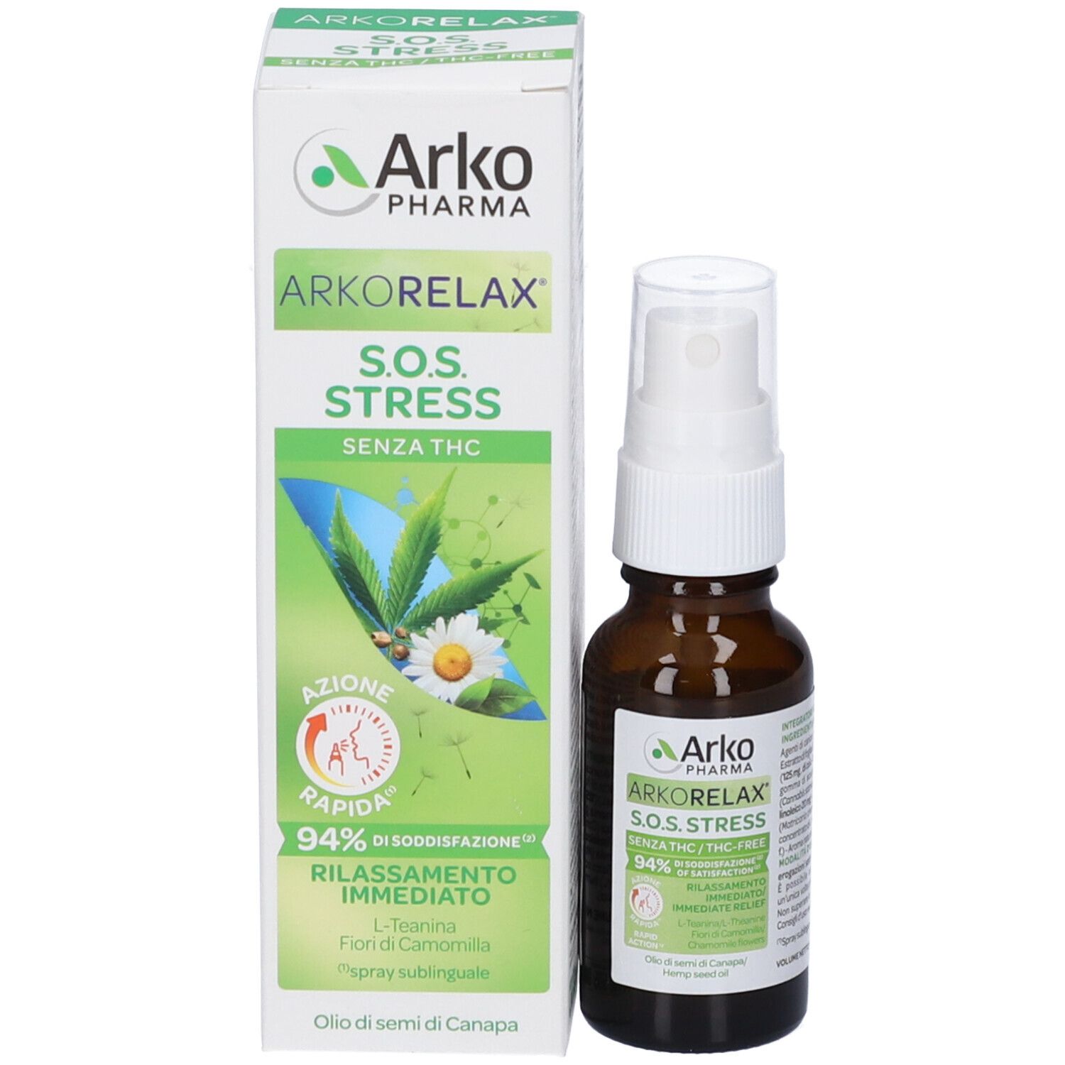 Flacone e confezione del prodotto. Flacone marrone con vaporizzatore bianco. Scatola con logo e nome del prodotto. Senza THC.