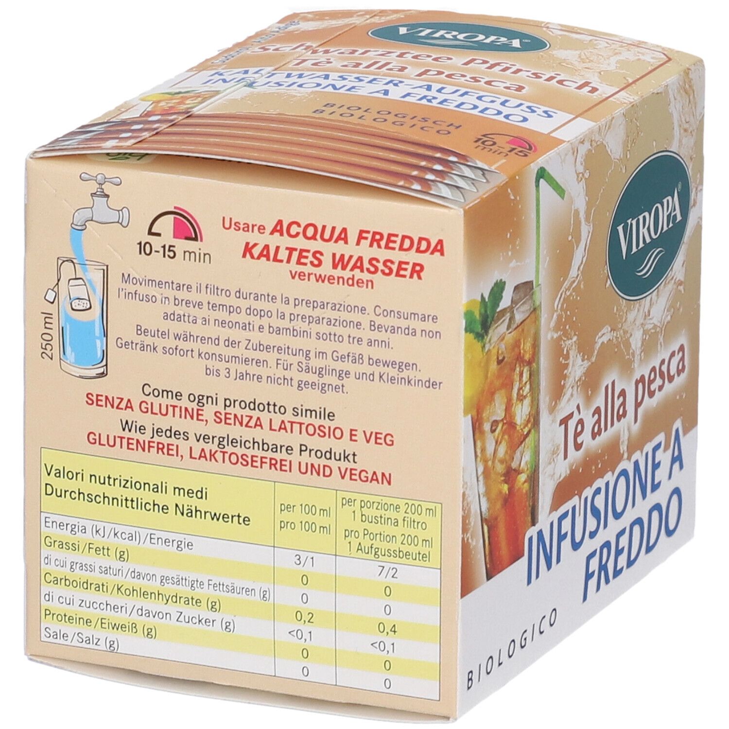 Scatola di bustine di tè. Scritta: Viropa, Tè alla pesca, Infusione a freddo, biologico. Tabella nutrizionale. Istruzioni per l'acqua fredda.