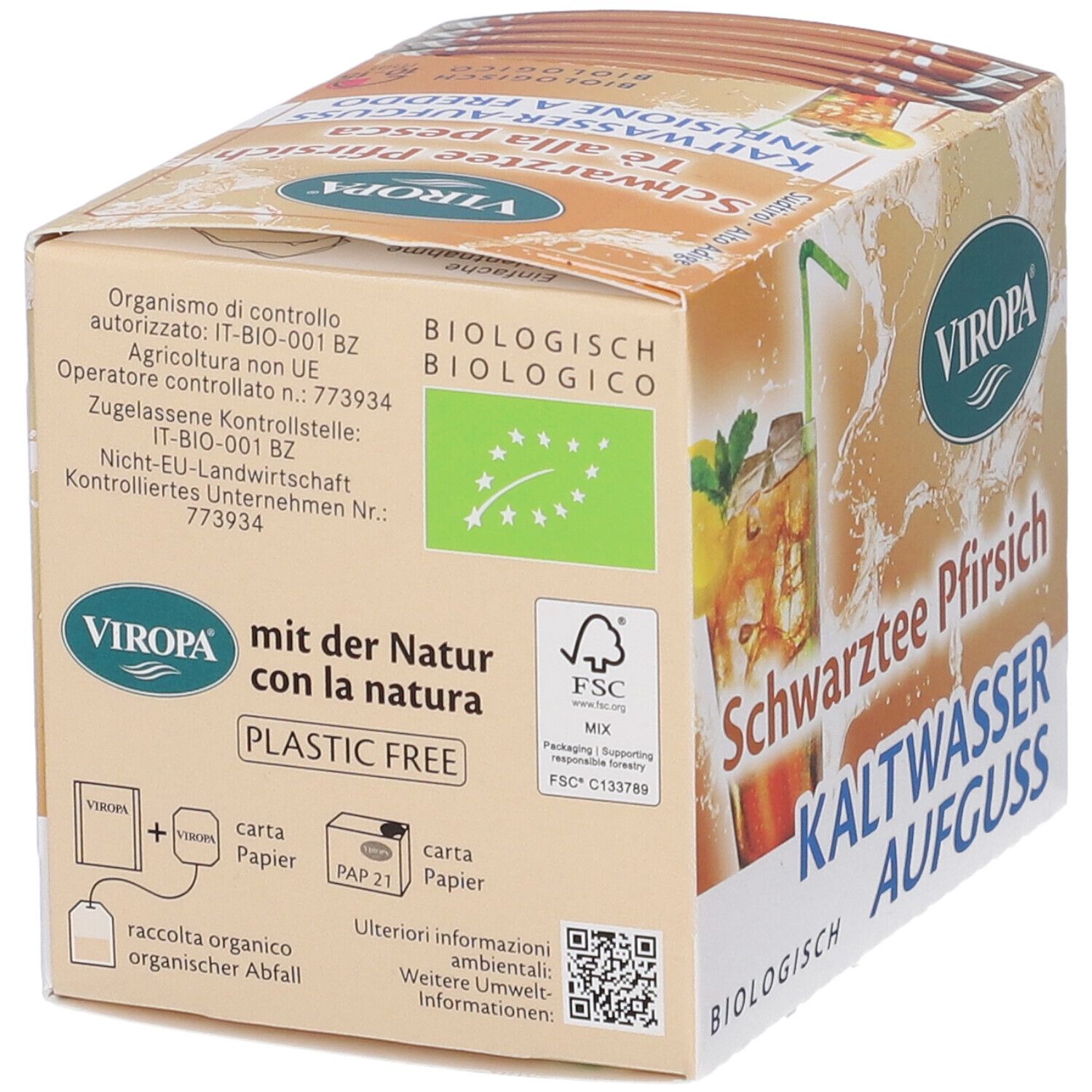 Scatola di bustine di tè. Scritta: Viropa, Schwarzertee Pfirsich, Kaltwasser Aufguss, biologico. Sigillo FSC, sigillo bio. Testo: Plastic Free.