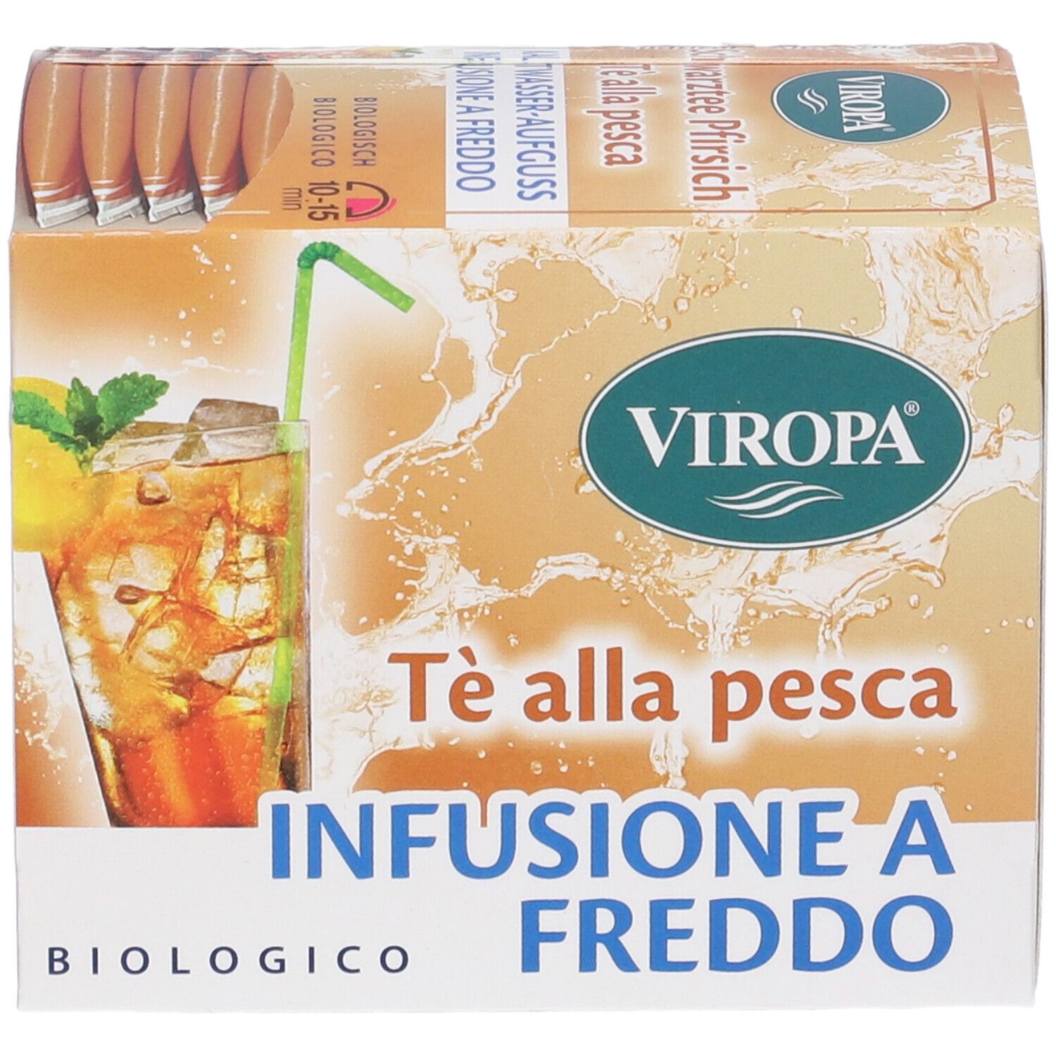 Scatola di bustine di tè. Scritta: Viropa, Tè alla pesca, Infusione a freddo, biologico. Immagine di bevanda con ghiaccio e limone. 10-15 minuti.
