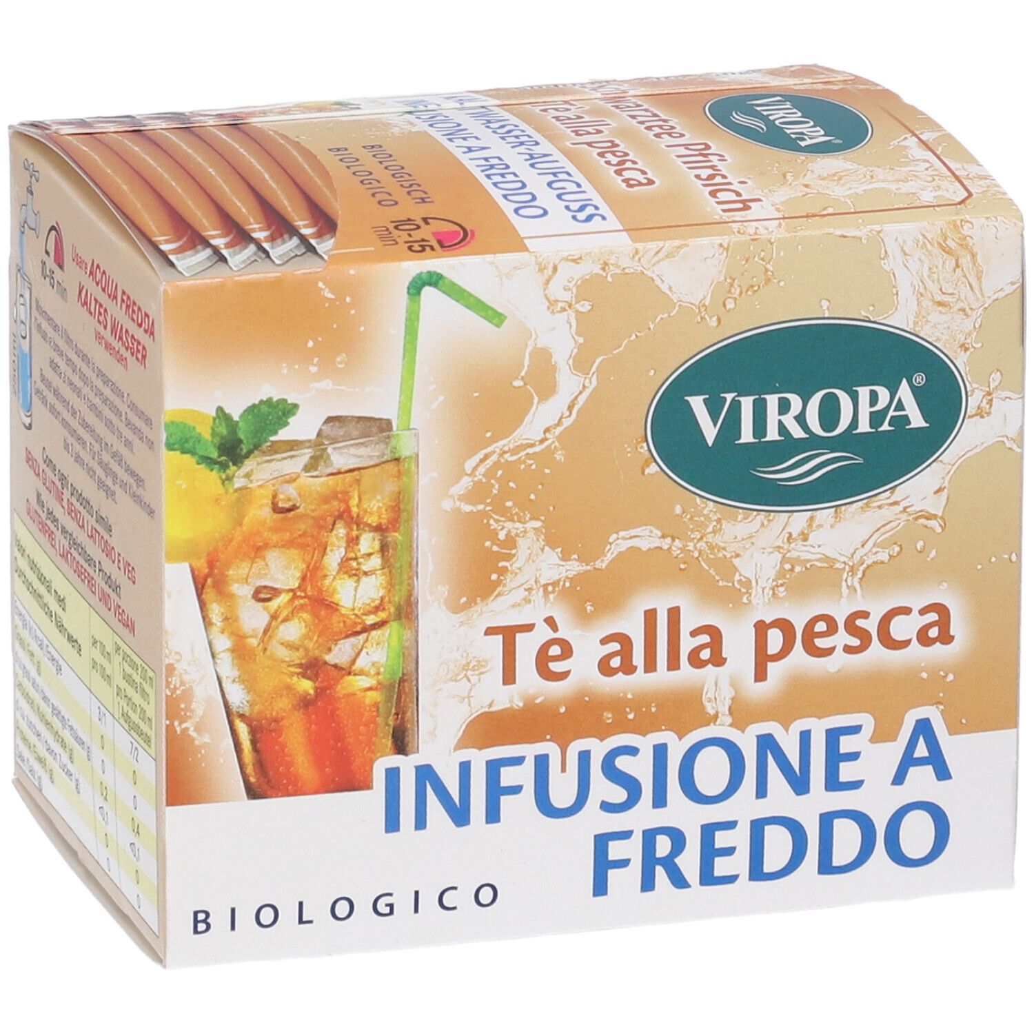 Scatola di bustine di tè. Scritta: Viropa, Tè alla pesca, Infusione a freddo, biologico. Immagine di bevanda con ghiaccio e limone. 10-15 minuti.