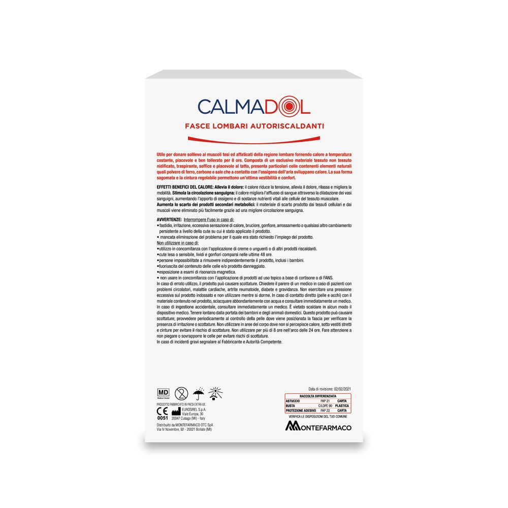 Retro confezione Calmadol Fasce Lombari Autoriscaldanti. Informazioni testuali e loghi.
