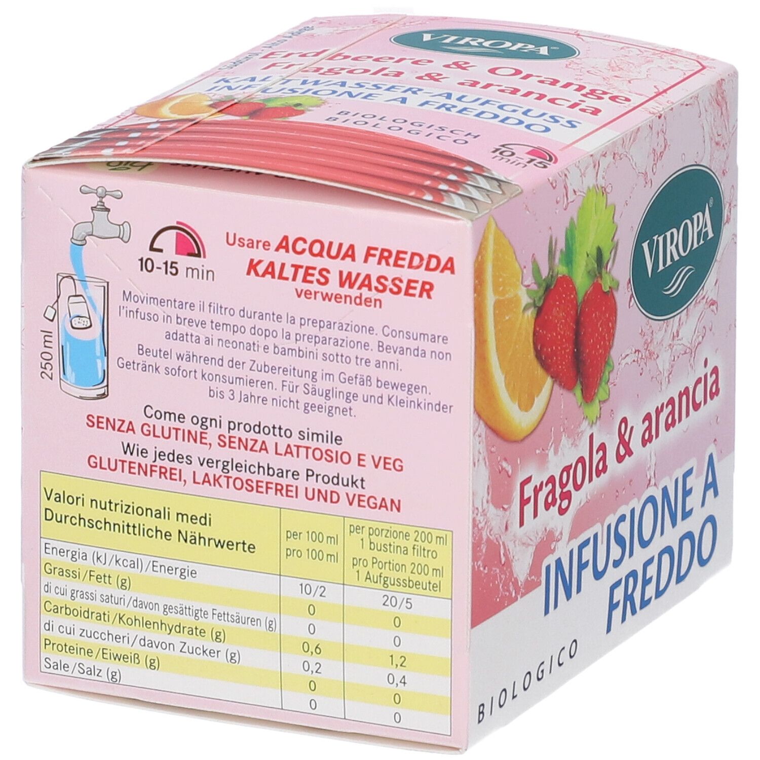 Scatola rosa Viropa con fragola, arancia e 'Infusione a Freddo'. Tabella nutrizionale e istruzioni.