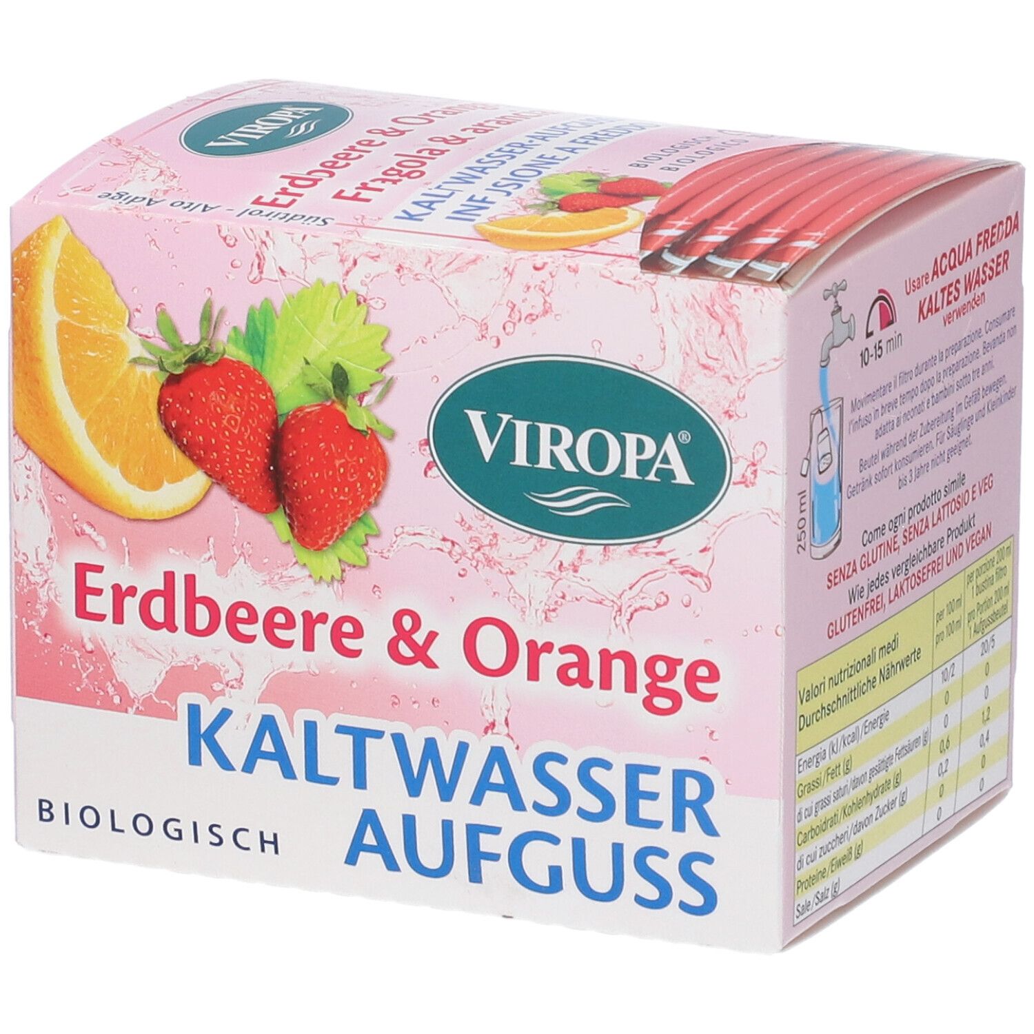 Scatola rosa Viropa con fragola, arancia e 'Kaltwasser Aufguss'. Certificazione biologica.