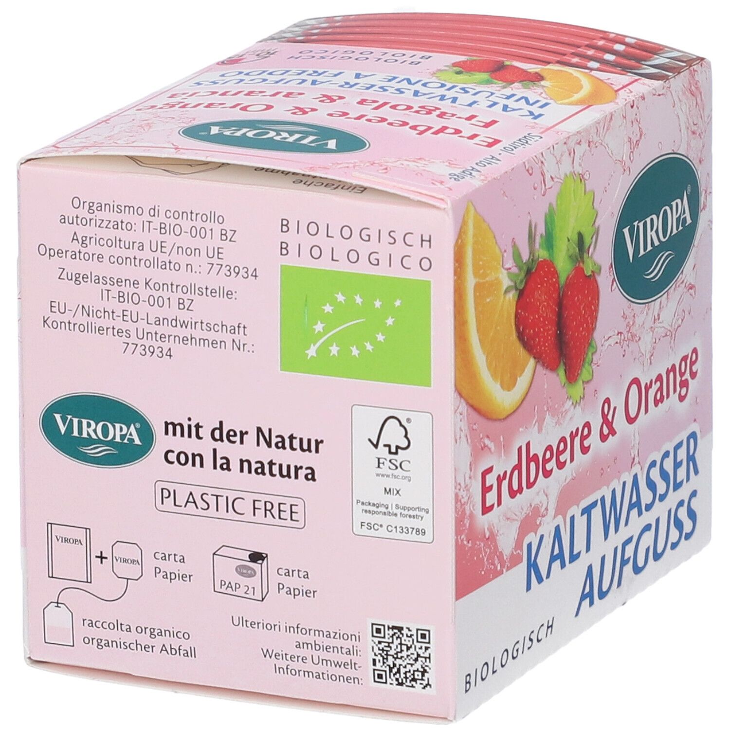Scatola rosa Viropa con fragola, arancia e 'Kaltwasser Aufguss'. Certificazione biologica, logo FSC.