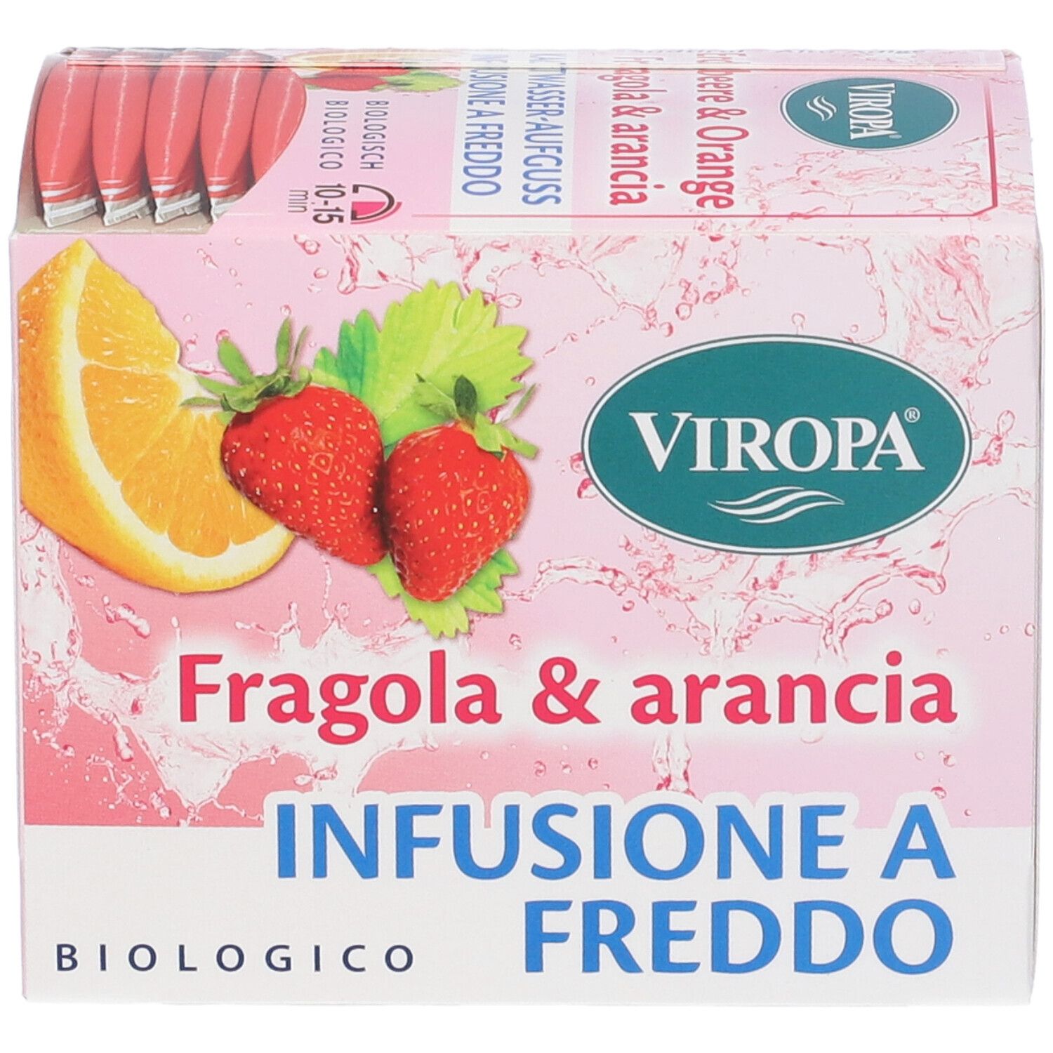 Scatola rosa Viropa con fragola, arancia e 'Infusione a Freddo'. Certificazione biologica.