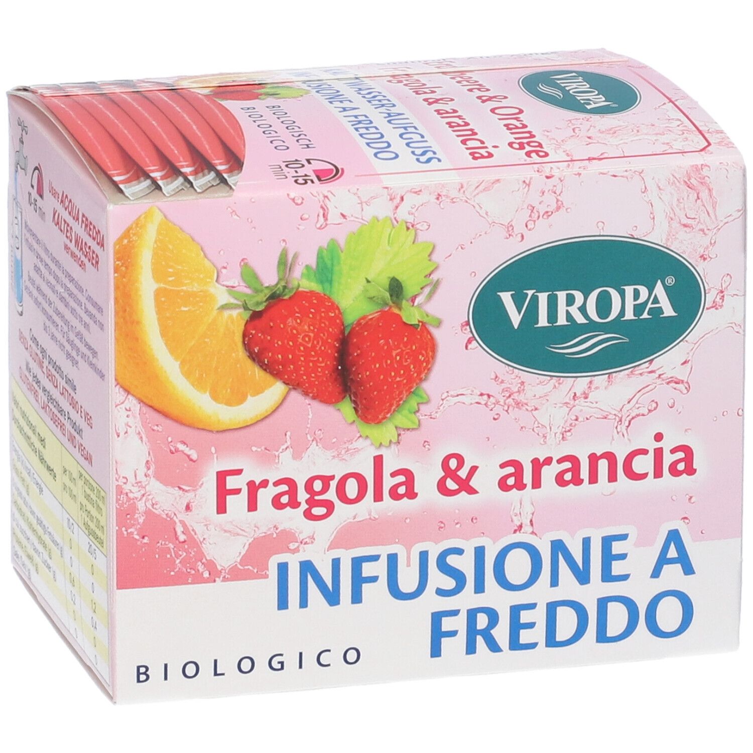 Scatola rosa Viropa con fragola, arancia e 'Infusione a Freddo'. Certificazione biologica.