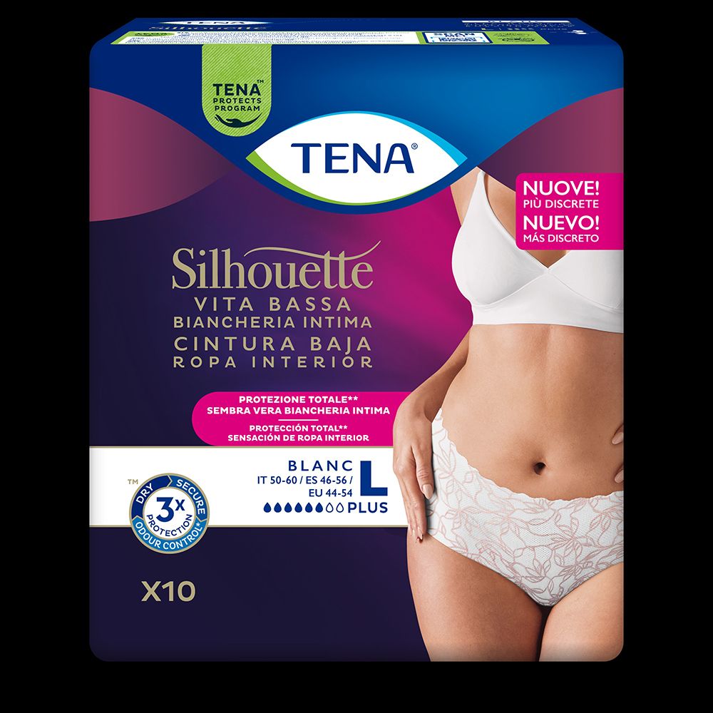 Confezione di mutandine TENA Silhouette Vita Bassa. Immagine del prodotto e marchio. Taglia L, bianco. Scritte: Dry, Secure, 3x Protection.