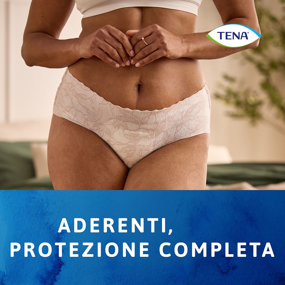 Persona indossa mutandine TENA Silhouette bianche. Testo: Aderenti, protezione completa.