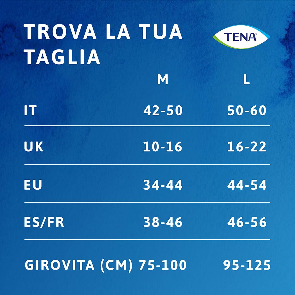 Tabella taglie per mutandine TENA. Taglie IT, UK, EU, ES/FR e girovita (cm).