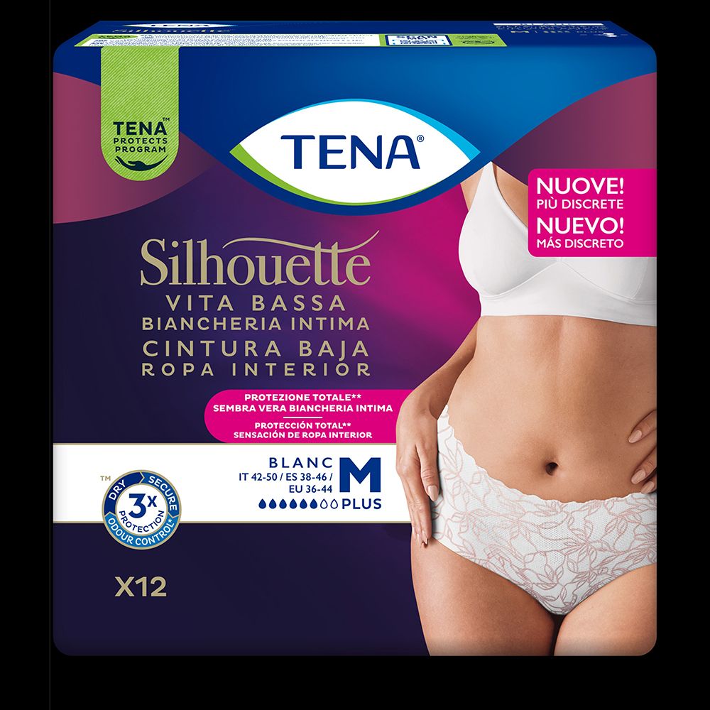 TENA Silhouette Blanc, mutandine bianche a vita bassa. Confezione con immagine e taglia M.