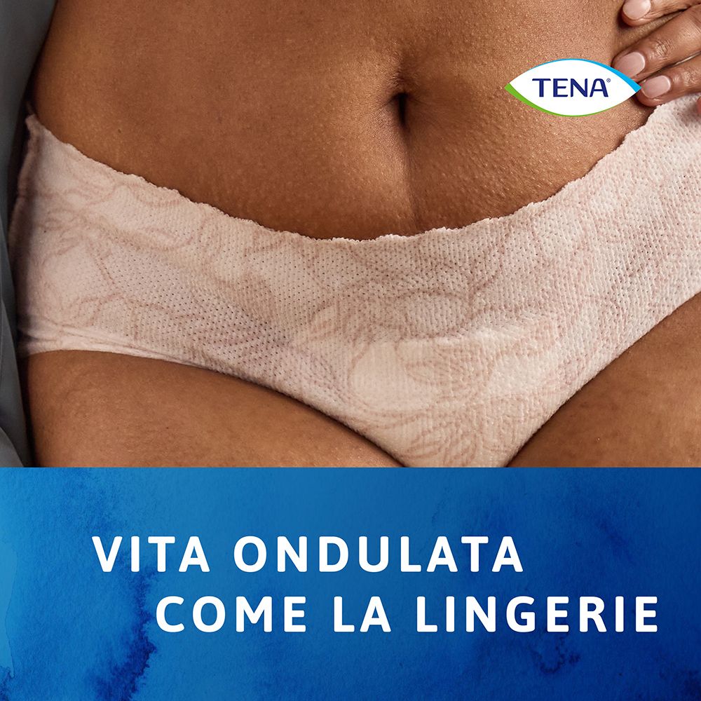 TENA Silhouette Blanc, mutandine bianche a vita bassa. Prodotto indossato. Motivo floreale visibile.