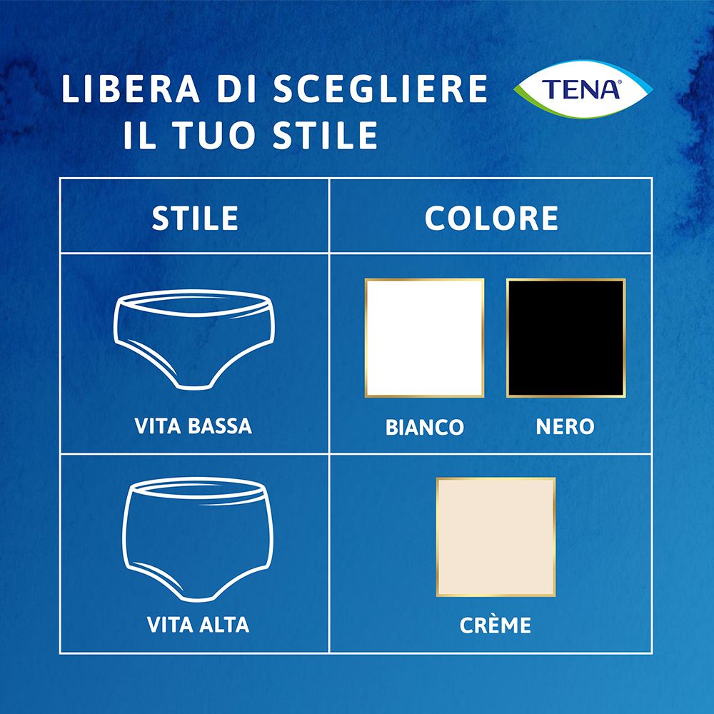 TENA, scelta di stili e colori. Immagini di mutandine in bianco, nero e crema.