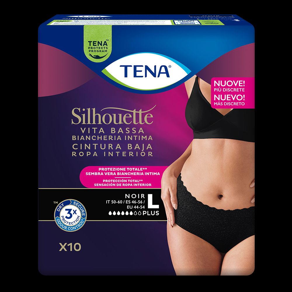 Confezione Tena Silhouette Noir, vita bassa. Taglia L. 10 pezzi. Controllo odori. Protezione totale.