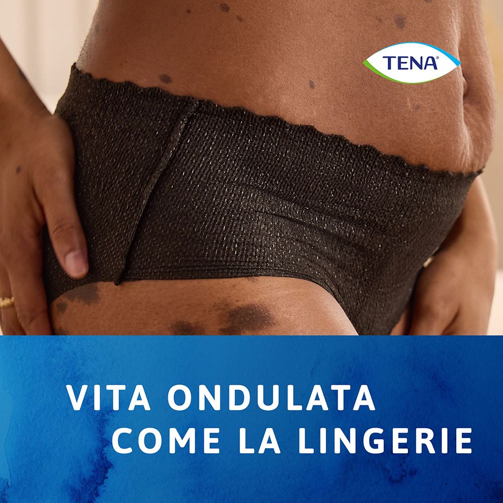 Mutandine Tena Silhouette nere, vita bassa. Tena Logo. Vita Ondulata Come La Lingerie.
