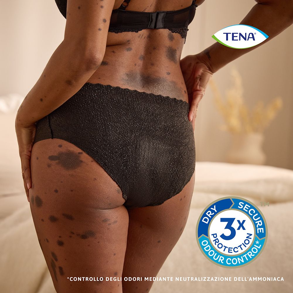 Mutandine Tena Silhouette nere, vita bassa. Controllo odori. Tena Logo. Protezione 3x.