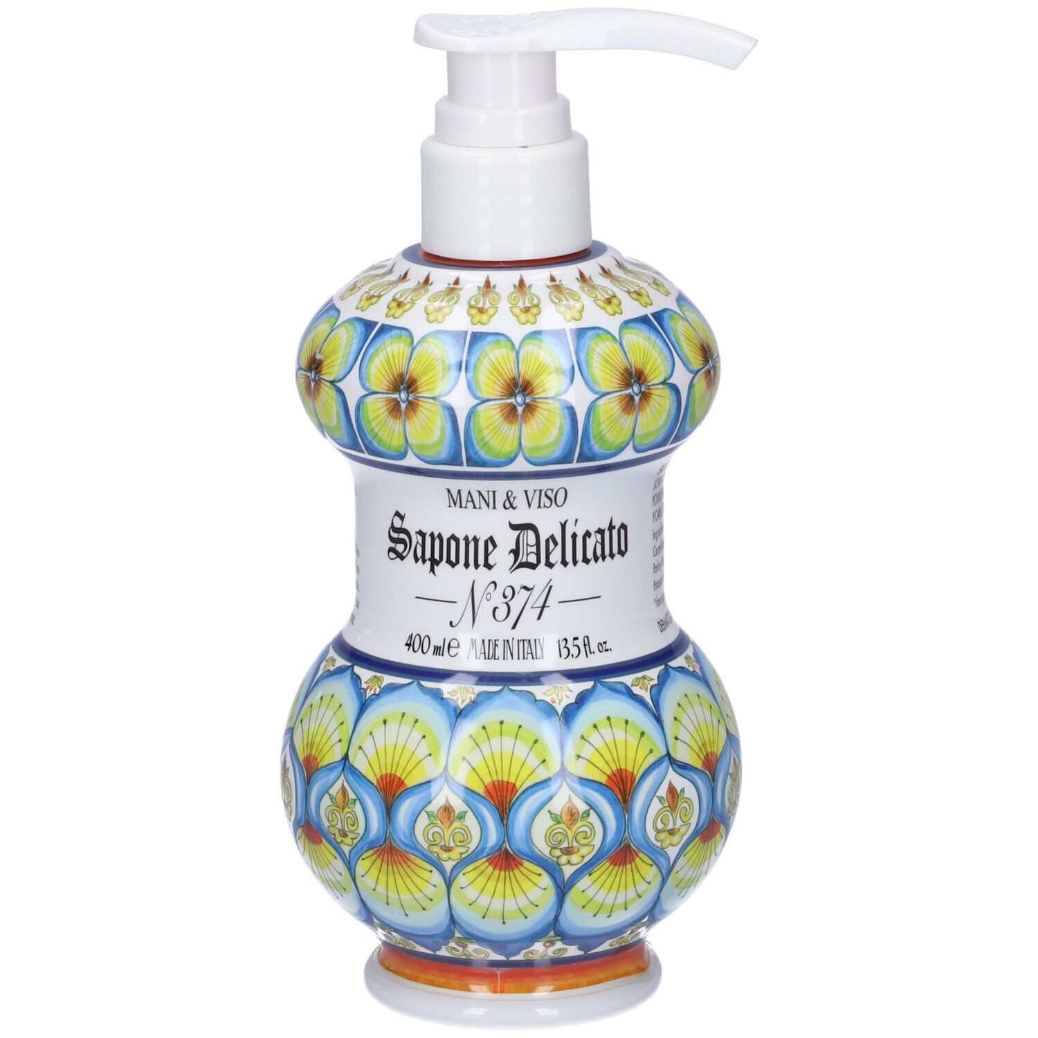 Dispenser sapone liquido con decoro floreale blu e giallo, pompa bianca ed etichetta.