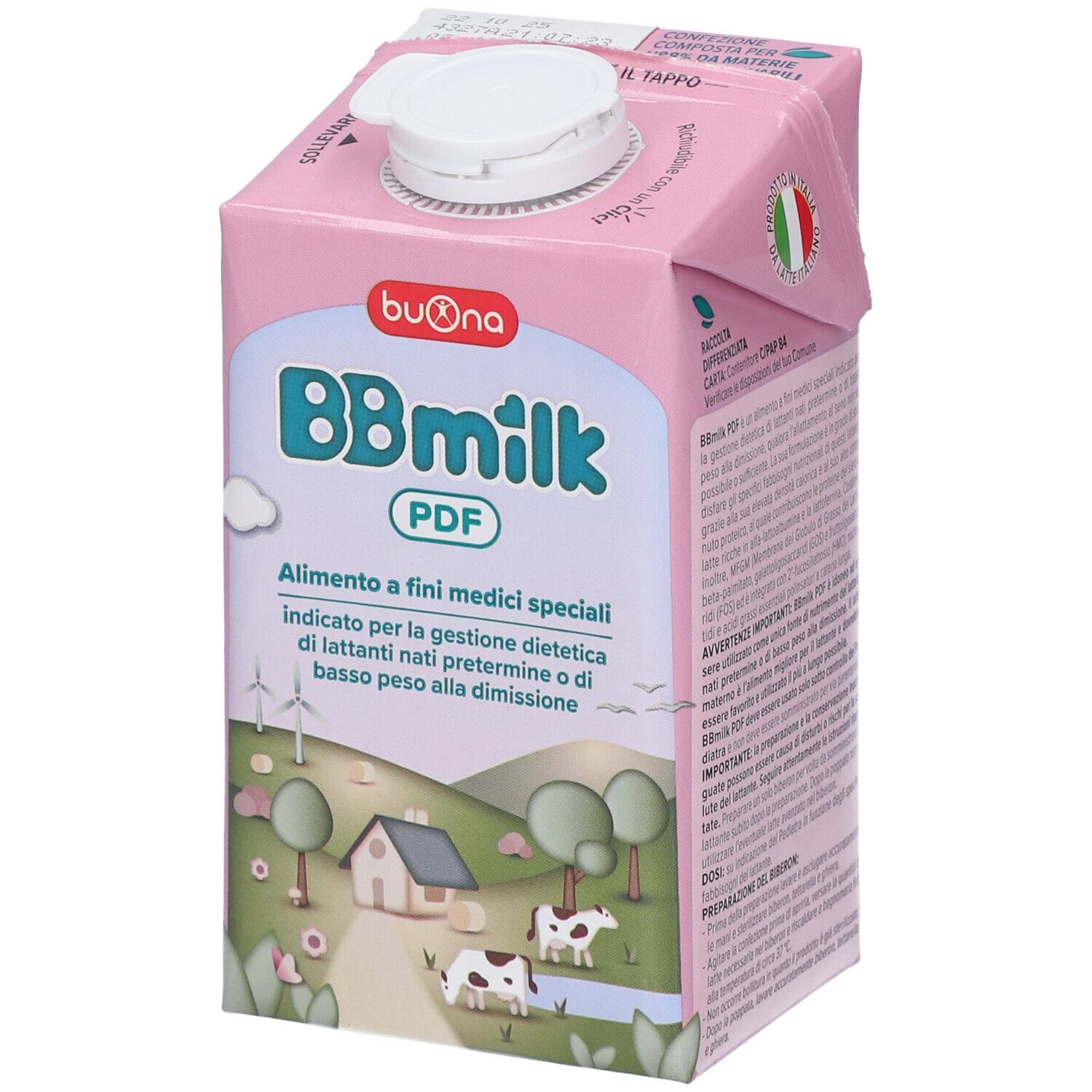 Confezione rosa BBmilk PDF. Testo: Alimento a fini medici speciali. Con bandiera italiana.