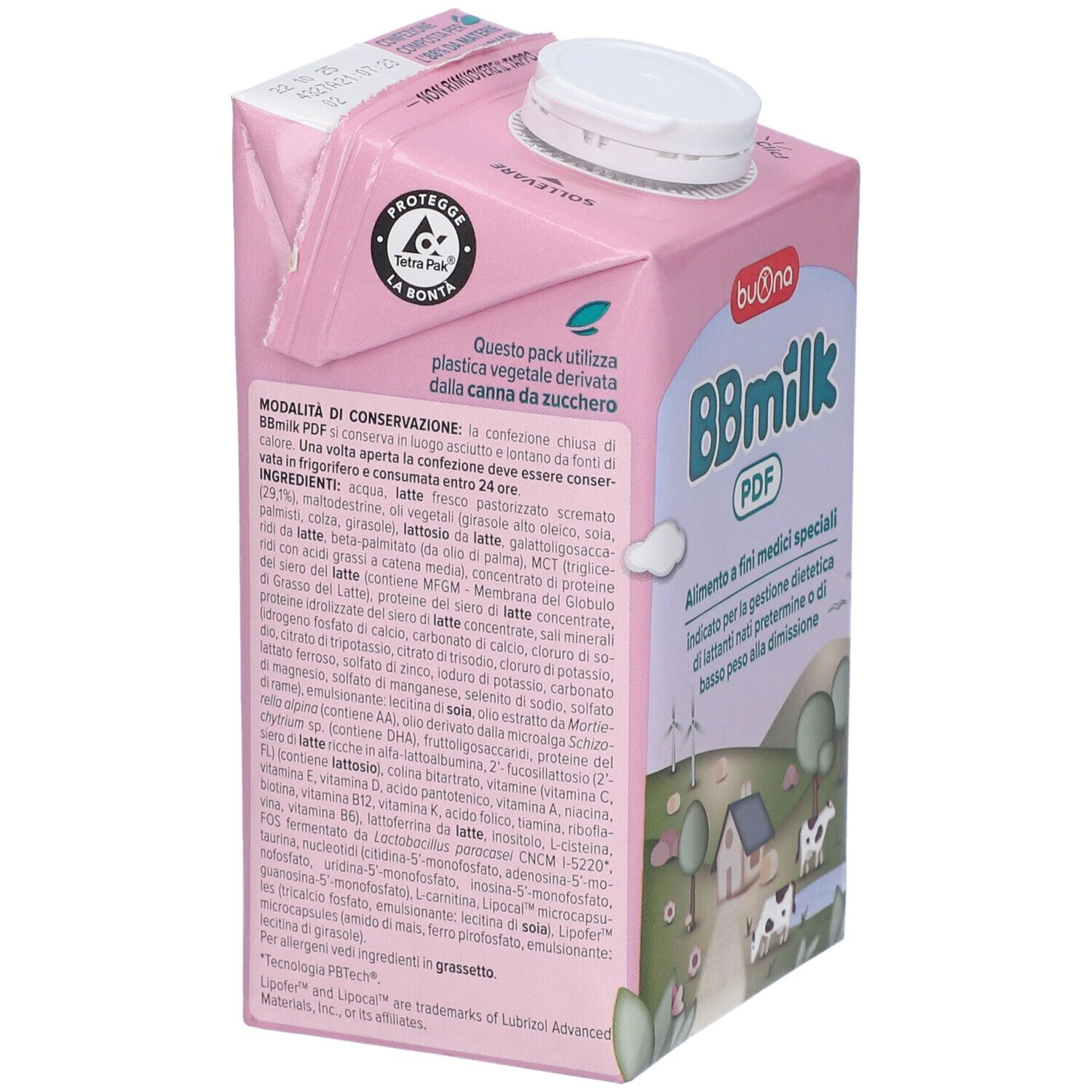 Confezione rosa BBmilk PDF. Testo: Alimento a fini medici speciali. Con bandiera italiana.
