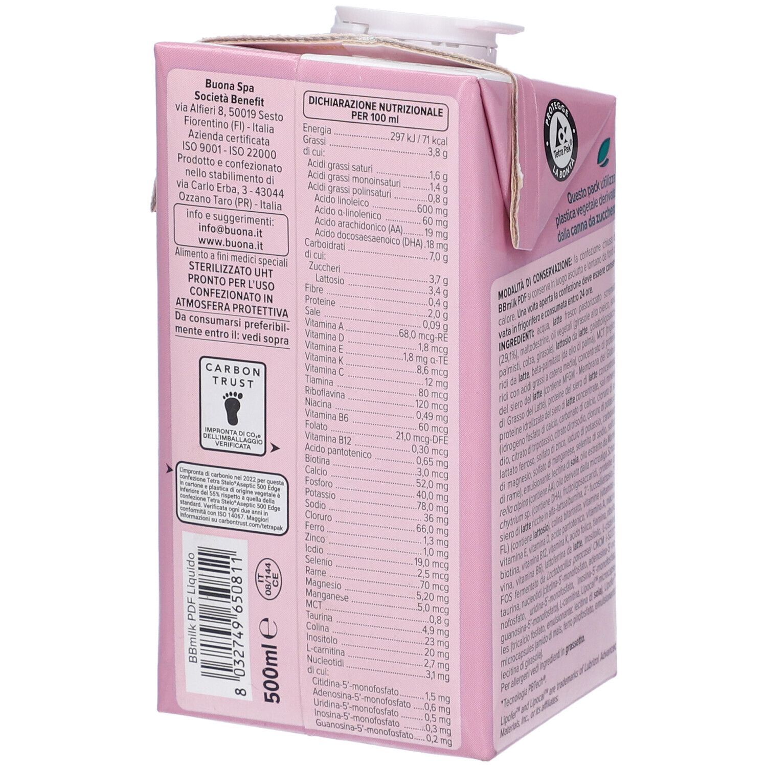 Confezione rosa BBmilk PDF. Testo: Alimento a fini medici speciali. Con bandiera italiana.