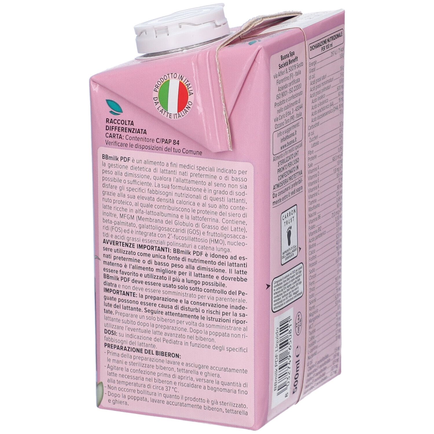 Confezione rosa BBmilk PDF. Testo: Alimento a fini medici speciali. Con bandiera italiana.