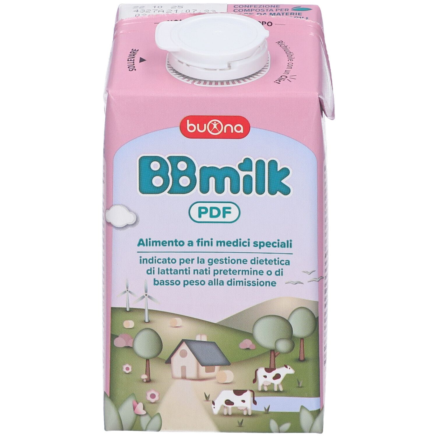 Confezione rosa BBmilk PDF. Testo: Alimento a fini medici speciali. Con bandiera italiana.