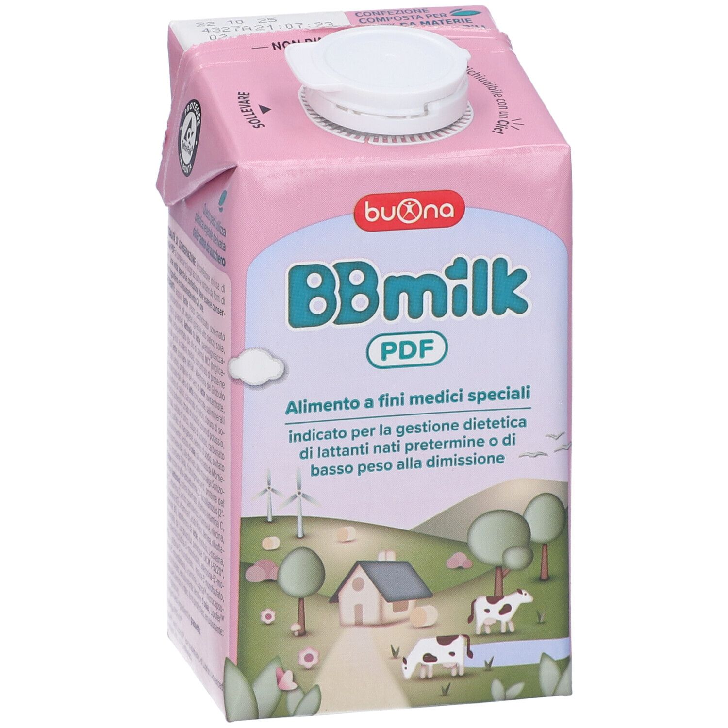 Confezione rosa BBmilk PDF. Testo: Alimento a fini medici speciali. Con bandiera italiana.
