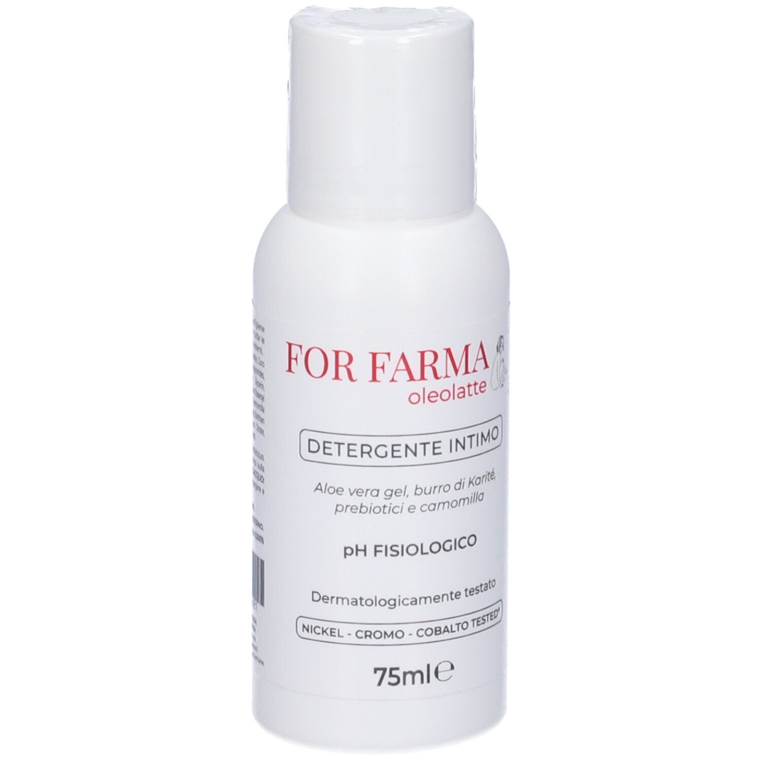 Flacone bianco con etichetta. Testo: FOR FARMA, oleolatte, Detergente Intimo, pH fisiologico, 75ml.