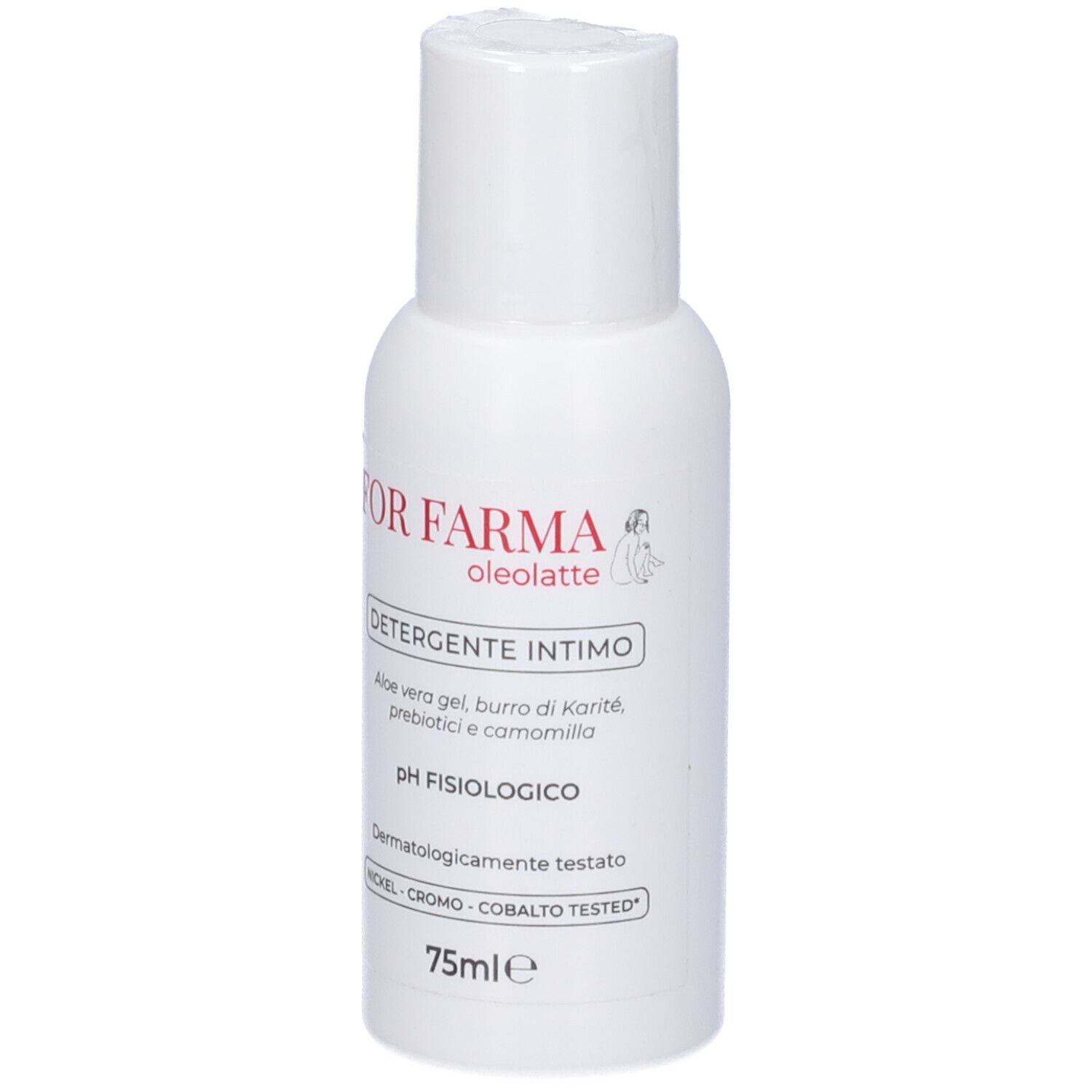 Flacone bianco con etichetta. Testo: FOR FARMA, oleolatte, Detergente Intimo, pH fisiologico, 75ml.