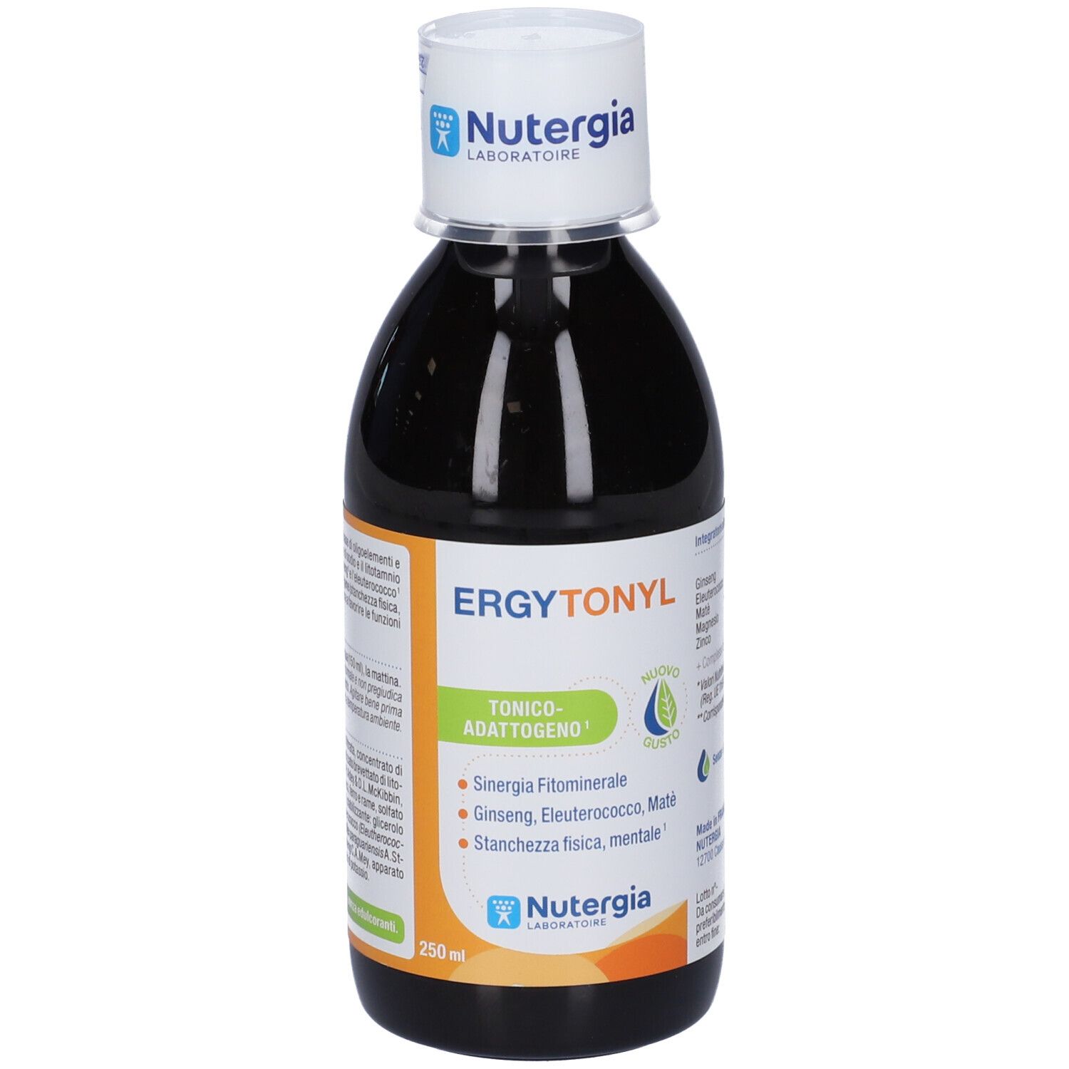 Liquido marrone in bottiglia con tappo bianco. Scritta: ERGYTONYL, NUTERGIA.