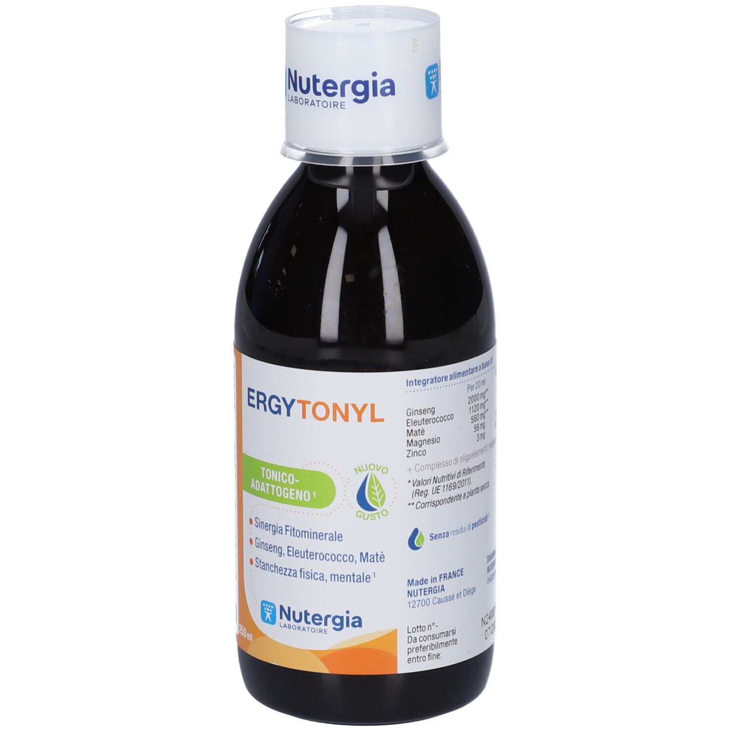 Liquido marrone in bottiglia con tappo bianco. Scritta: ERGYTONYL, NUTERGIA.