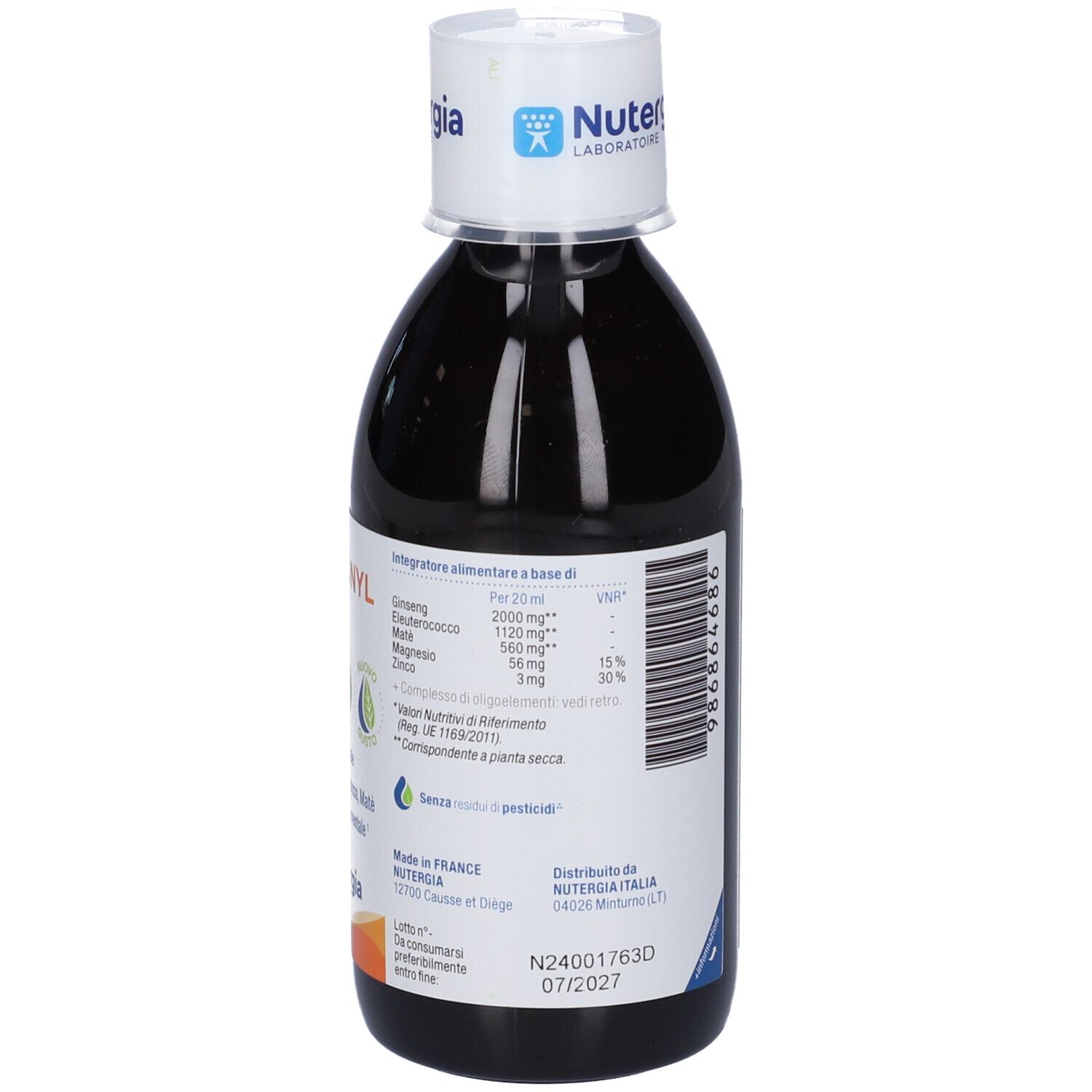 Retro di una bottiglia di liquido marrone. Informazioni testuali e codice a barre.