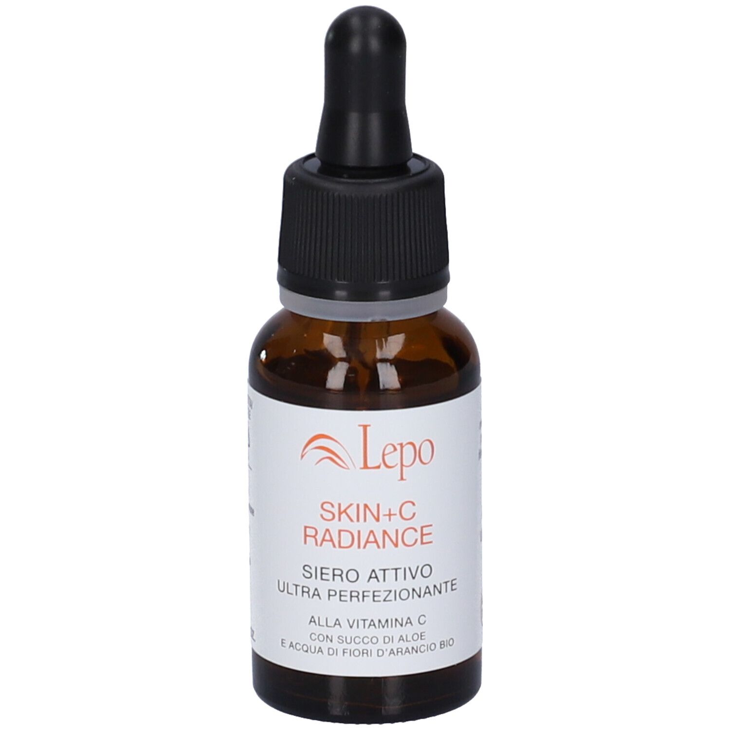 Flacone di vetro marrone con contagocce nero. Scritta: Skin+C Radiance Siero Attivo Ultra perfezionante. Con vitamina C.