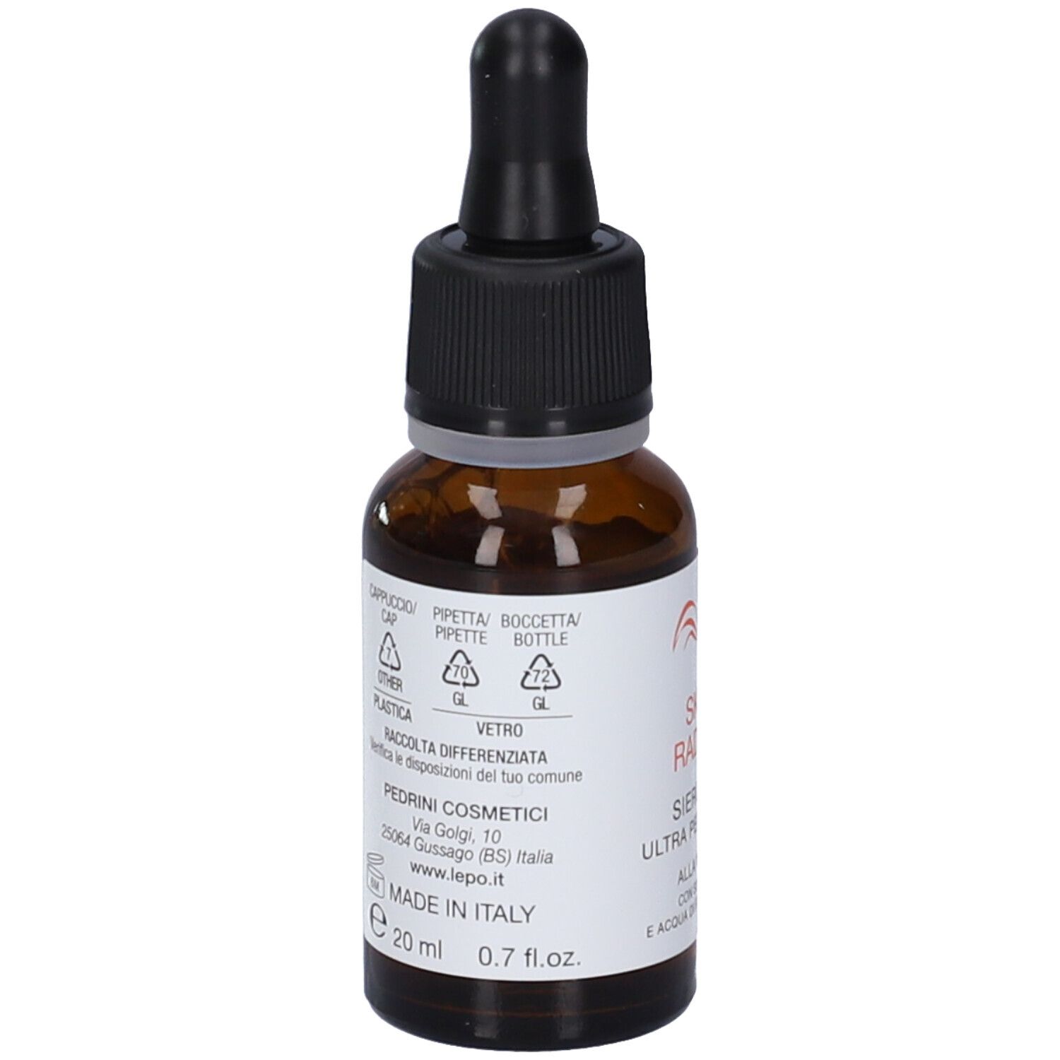 Flacone di vetro marrone con contagocce nero. Scritta: Skin+C Radiance Siero Attivo Ultra perfezionante. Con vitamina C. Dettagli.