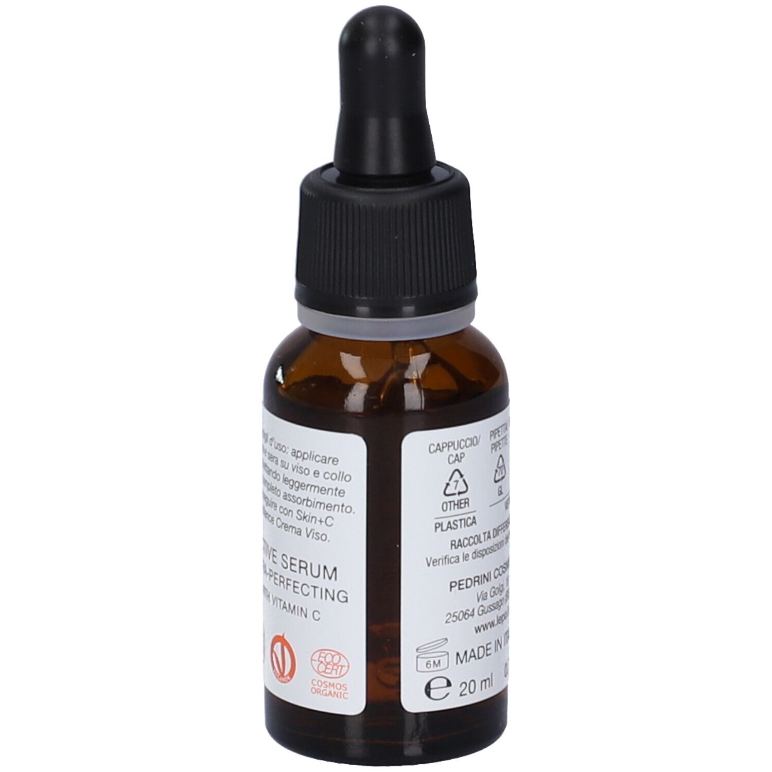 Flacone di vetro marrone con contagocce nero. Scritta: Skin+C Radiance Siero Attivo Ultra perfezionante. Con vitamina C. Dettagli.