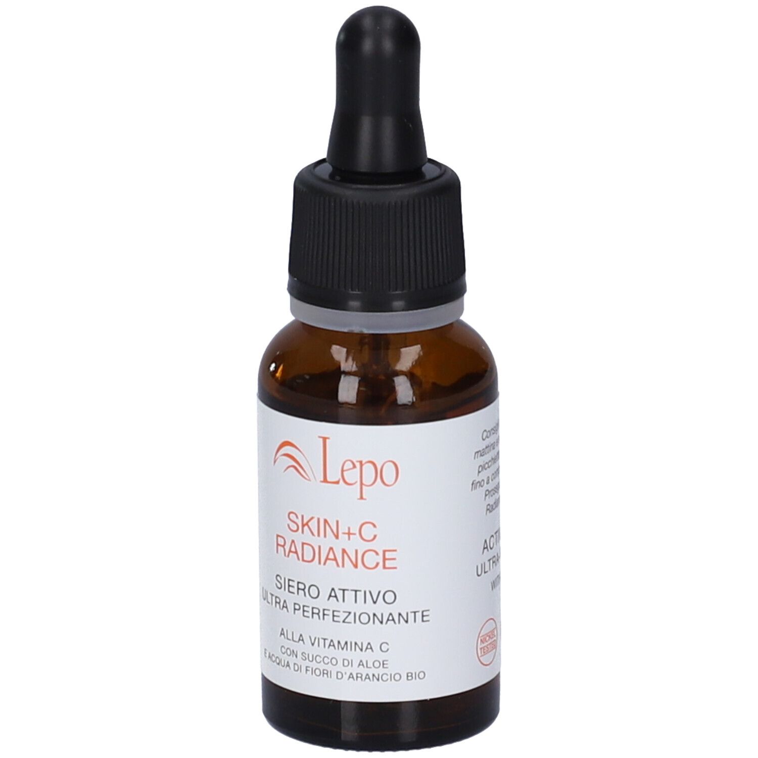 Flacone di vetro marrone con contagocce nero. Scritta: Skin+C Radiance Siero Attivo Ultra perfezionante. Con vitamina C.