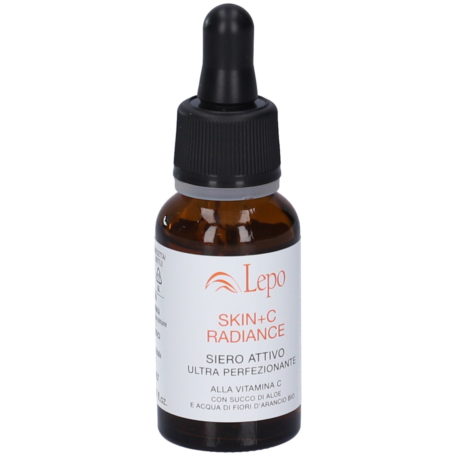 Flacone di vetro marrone con contagocce nero. Scritta: Skin+C Radiance Siero Attivo Ultra perfezionante. Con vitamina C.