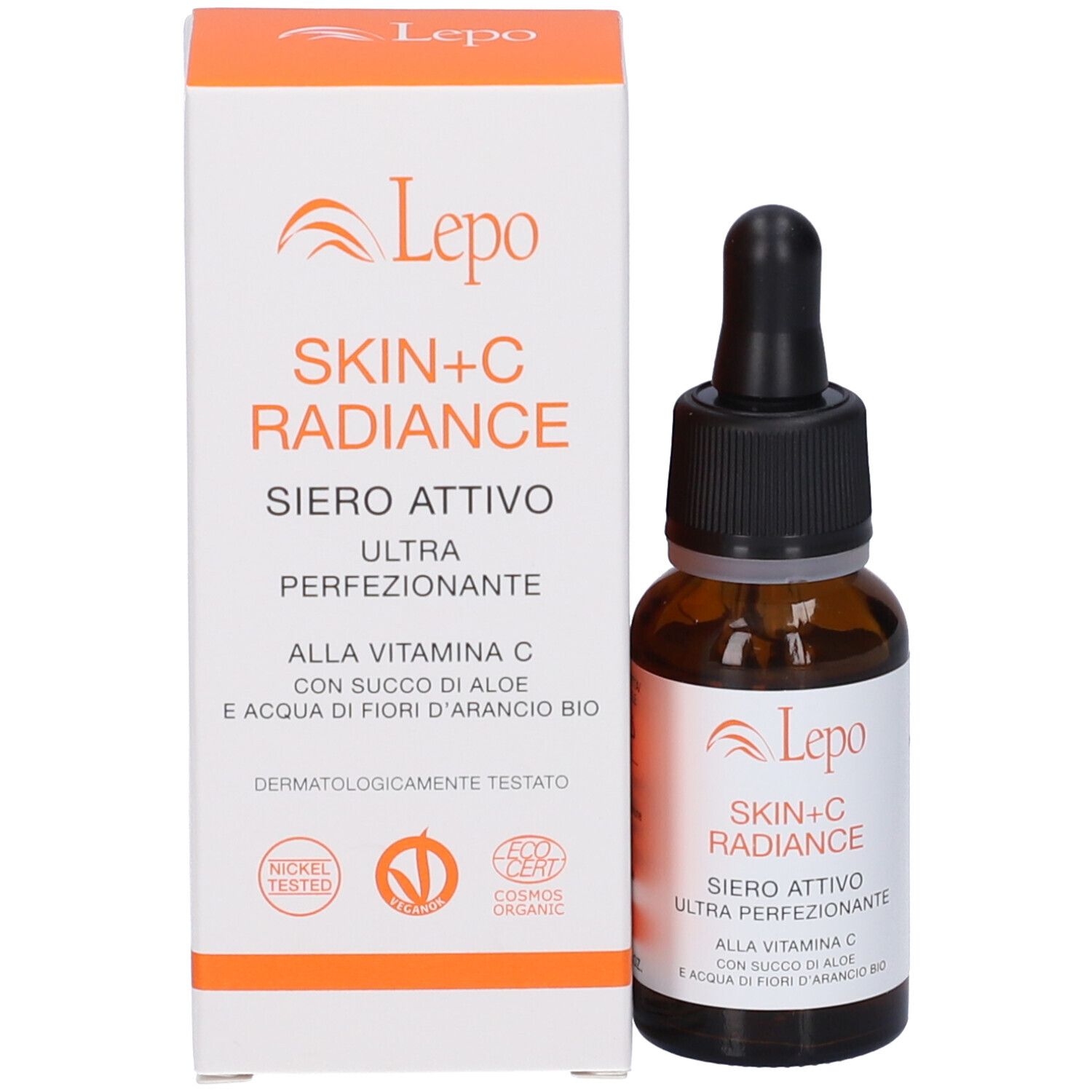 Prodotto per la cura della pelle con flacone e confezione. Scritta: Skin+C Radiance Siero Attivo Ultra perfezionante. Con vitamina C.