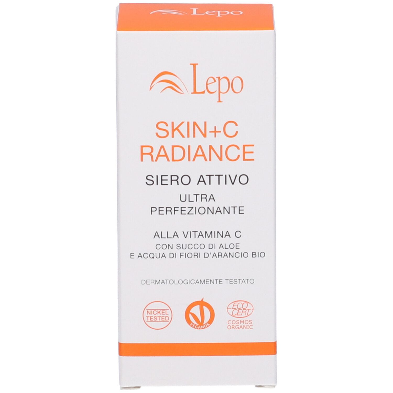 Confezione con scritta: Skin+C Radiance Siero Attivo Ultra perfezionante. Con vitamina C. Certificazioni.