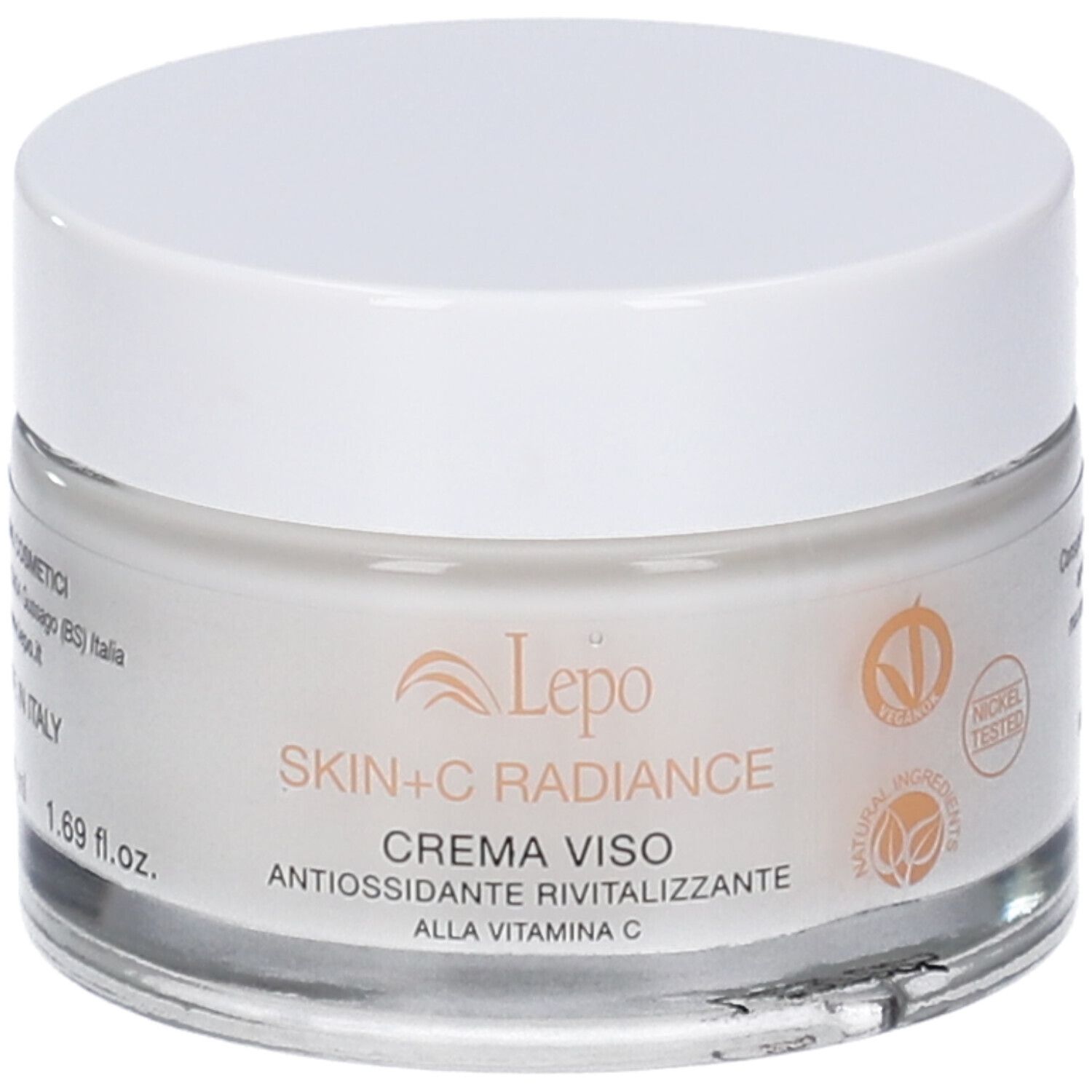 Vaso di crema con coperchio bianco. Scritta: Skin+C Radiance, Crema Viso, antiossidante rivitalizzante. Logo Le po.